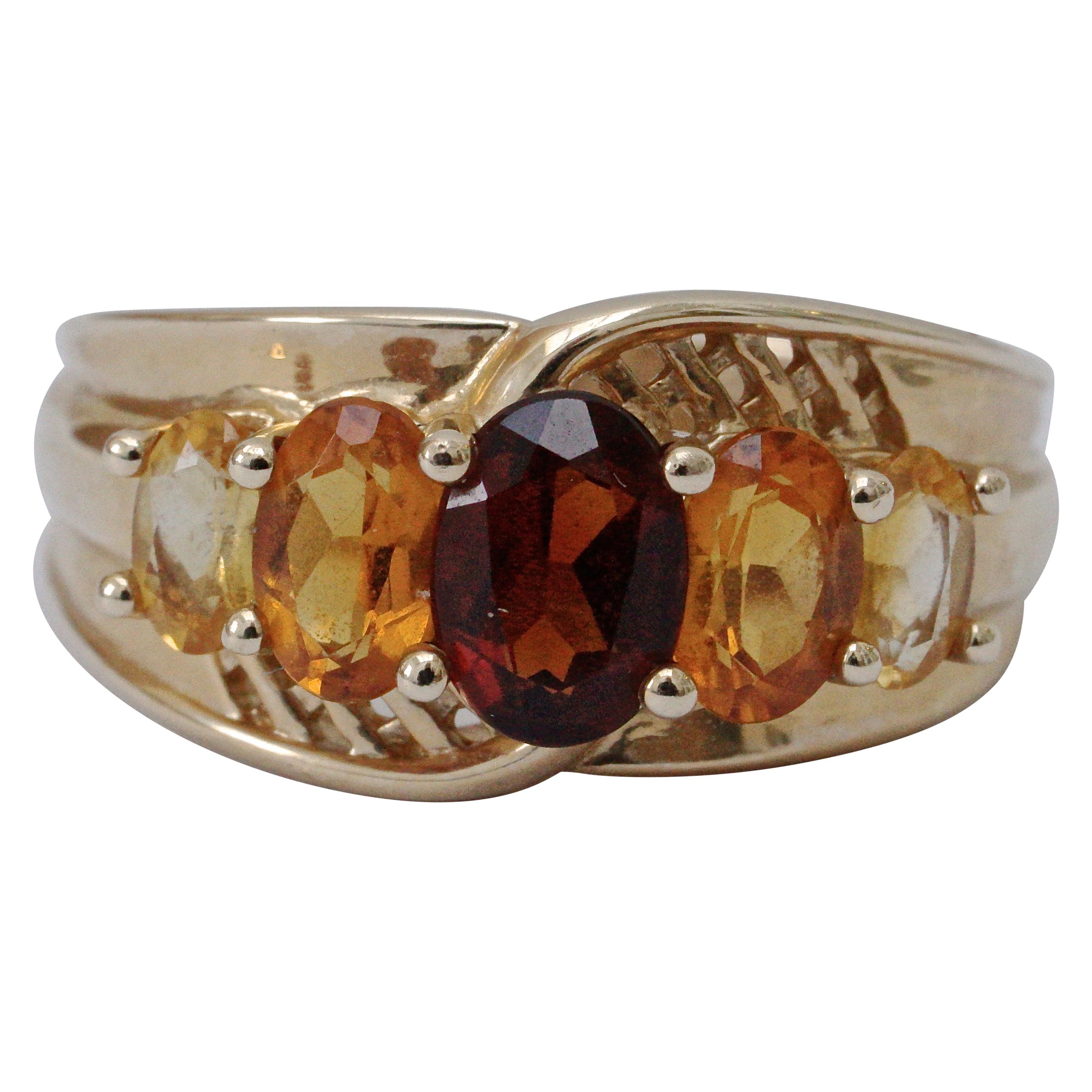 14K Gold Five Stone Garnet, Golden and Yellow Citrine Dress Ring circa 1990s