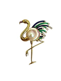 14K Gold Flamingo Brooch with Mabe Pearl, Lapis, Malachite, and Diamonds
