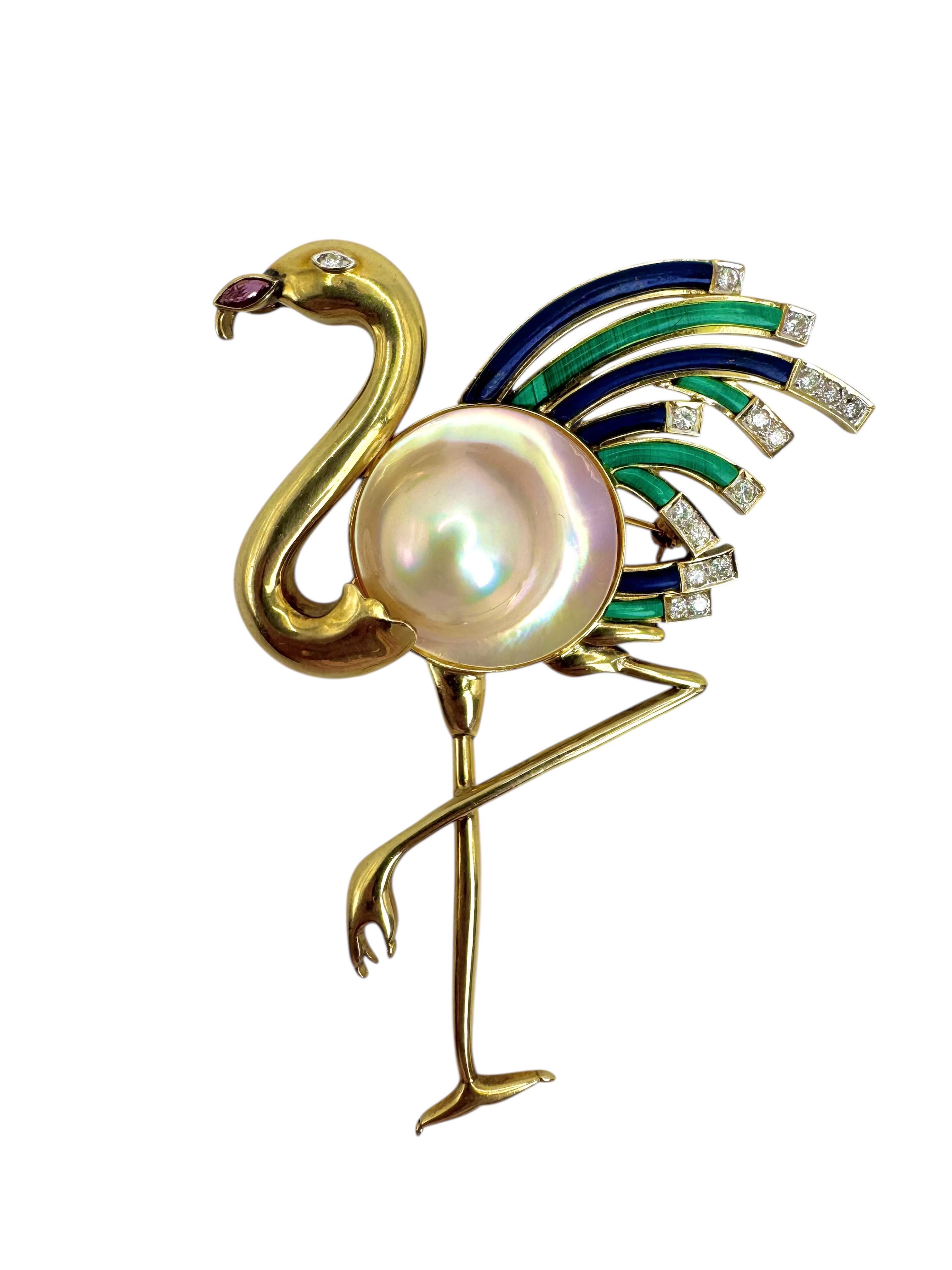 Spilla fenicottero in oro 14K con perla Mabe, lapis, malachite e diamanti In condizioni ottime in vendita a Great Neck Plaza, NY