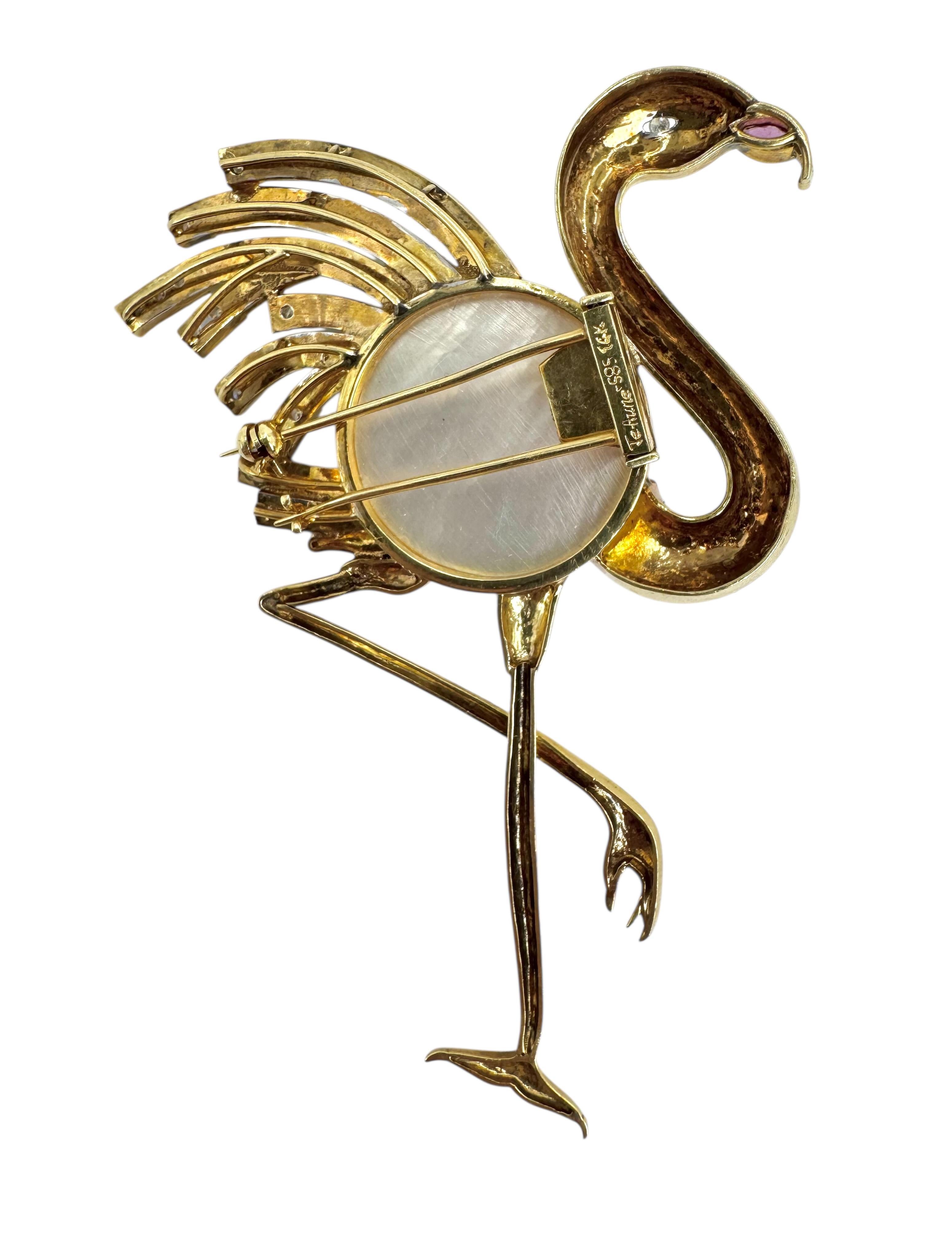 da uomo o donna Spilla fenicottero in oro 14K con perla Mabe, lapis, malachite e diamanti in vendita