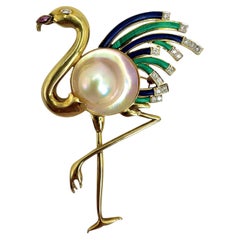 14K Gold Flamingo Brooch with Mabe Pearl, Lapis, Malachite, and Diamonds