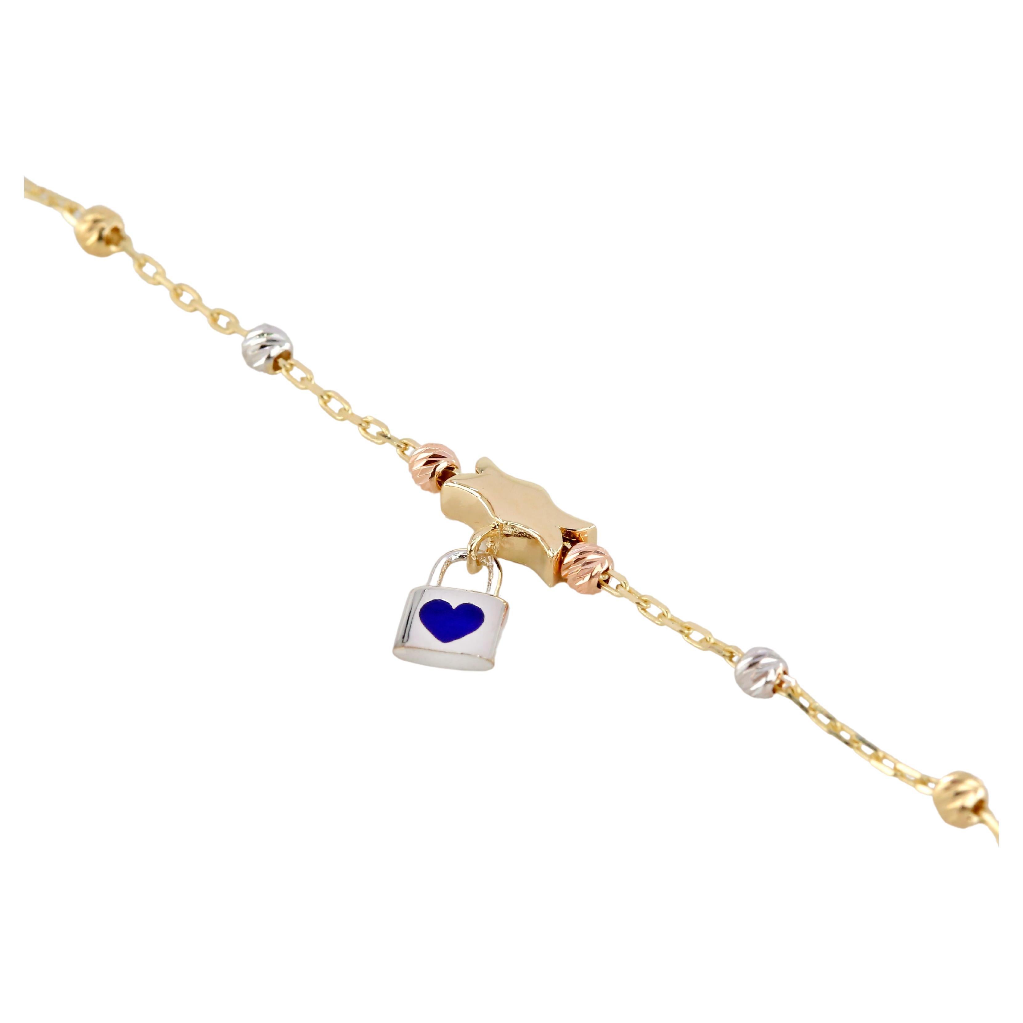 Bracelet en perles délicates avec breloque Fleur et cadenas en or 14K