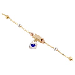 14K Gold Fleur and Padlock Charm Dainty Beaded Bracelet