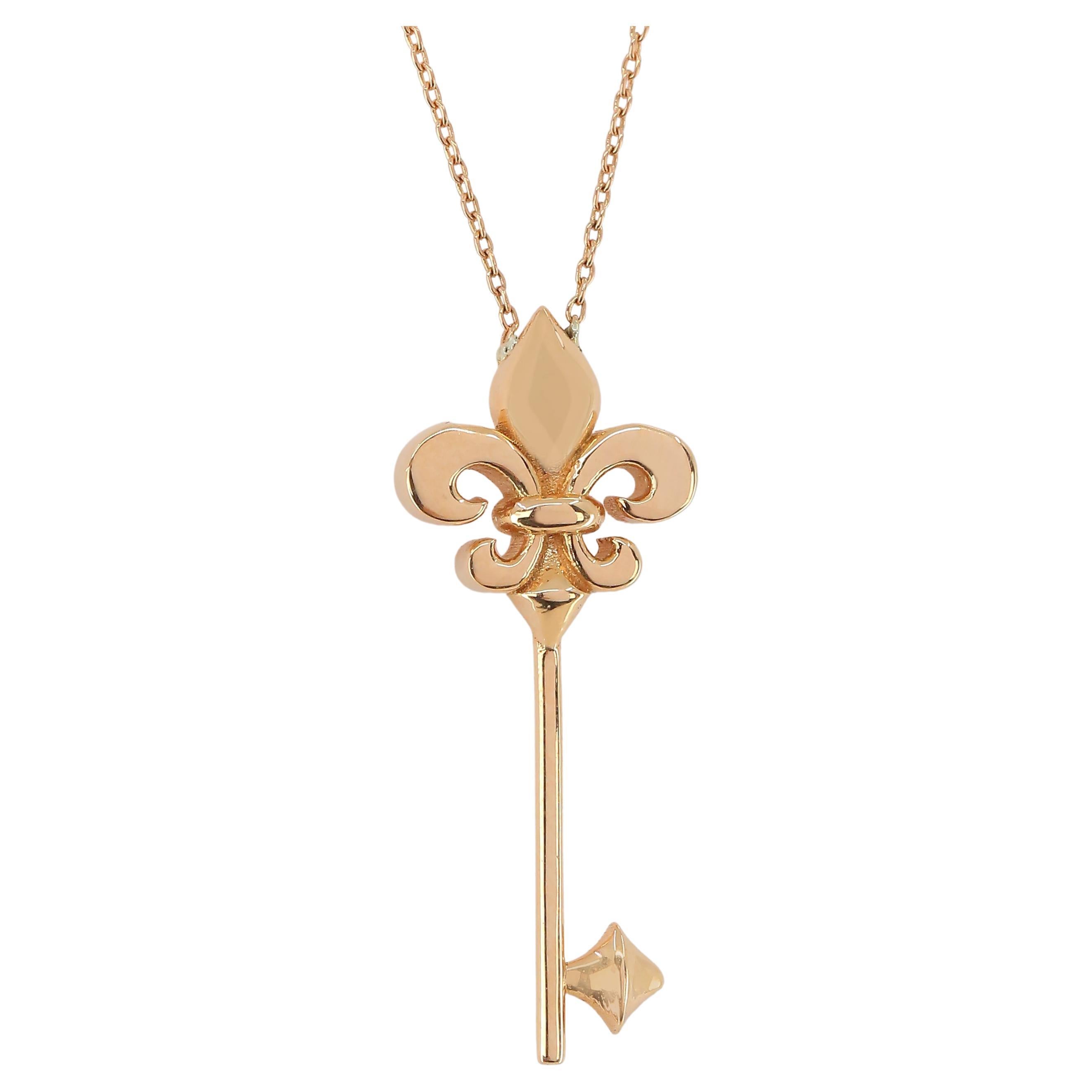 14K Gold Fleur De Lis Necklace, Gold Key Charm Necklace