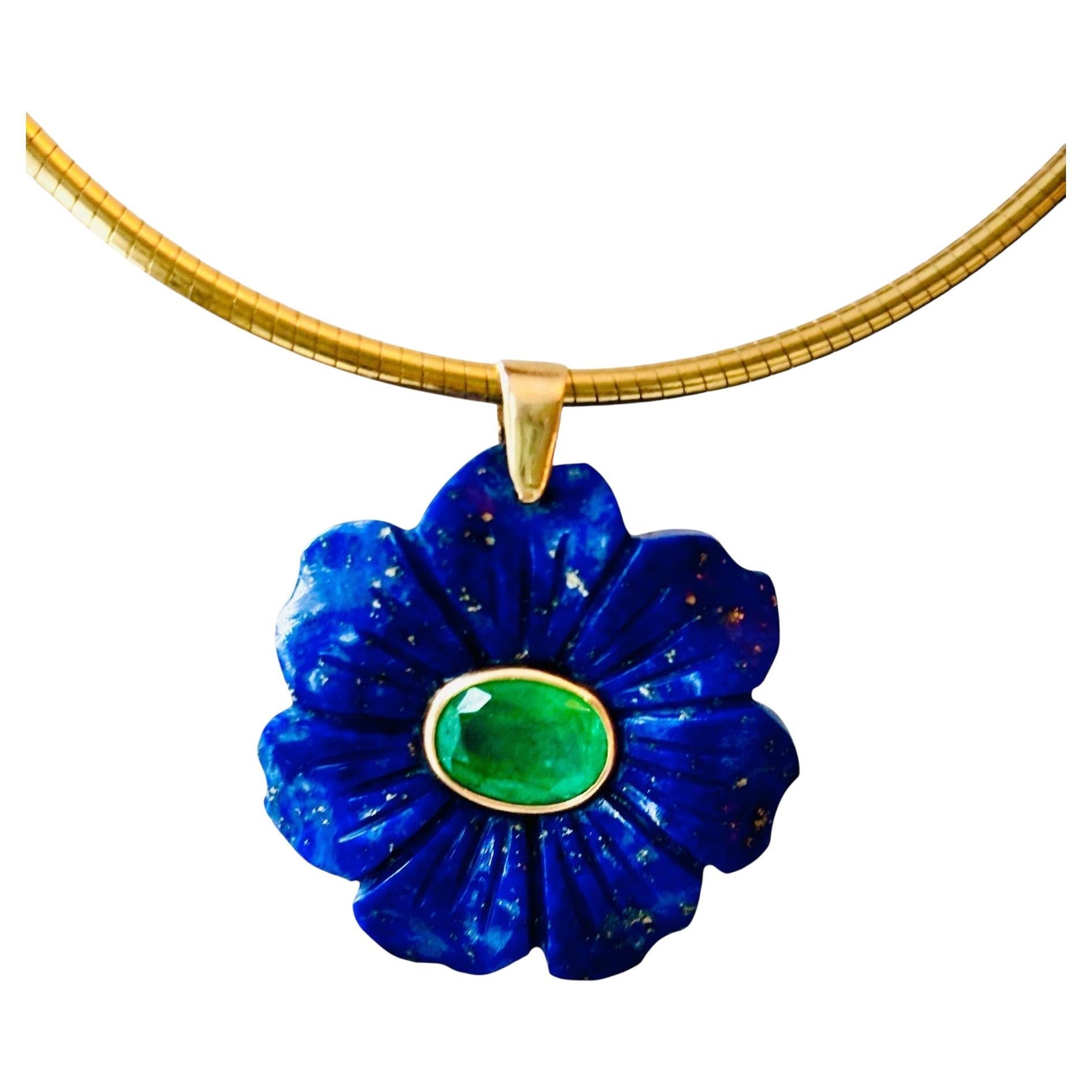 14k Gold Flora Pendant, Lapis Flower with Emerald Center, USA