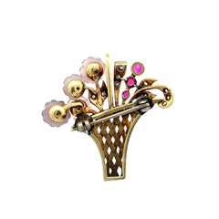 14K Gold Floral Bouquet Vintage Brooch with Diamonds, Pink Sapphire & Amethyst