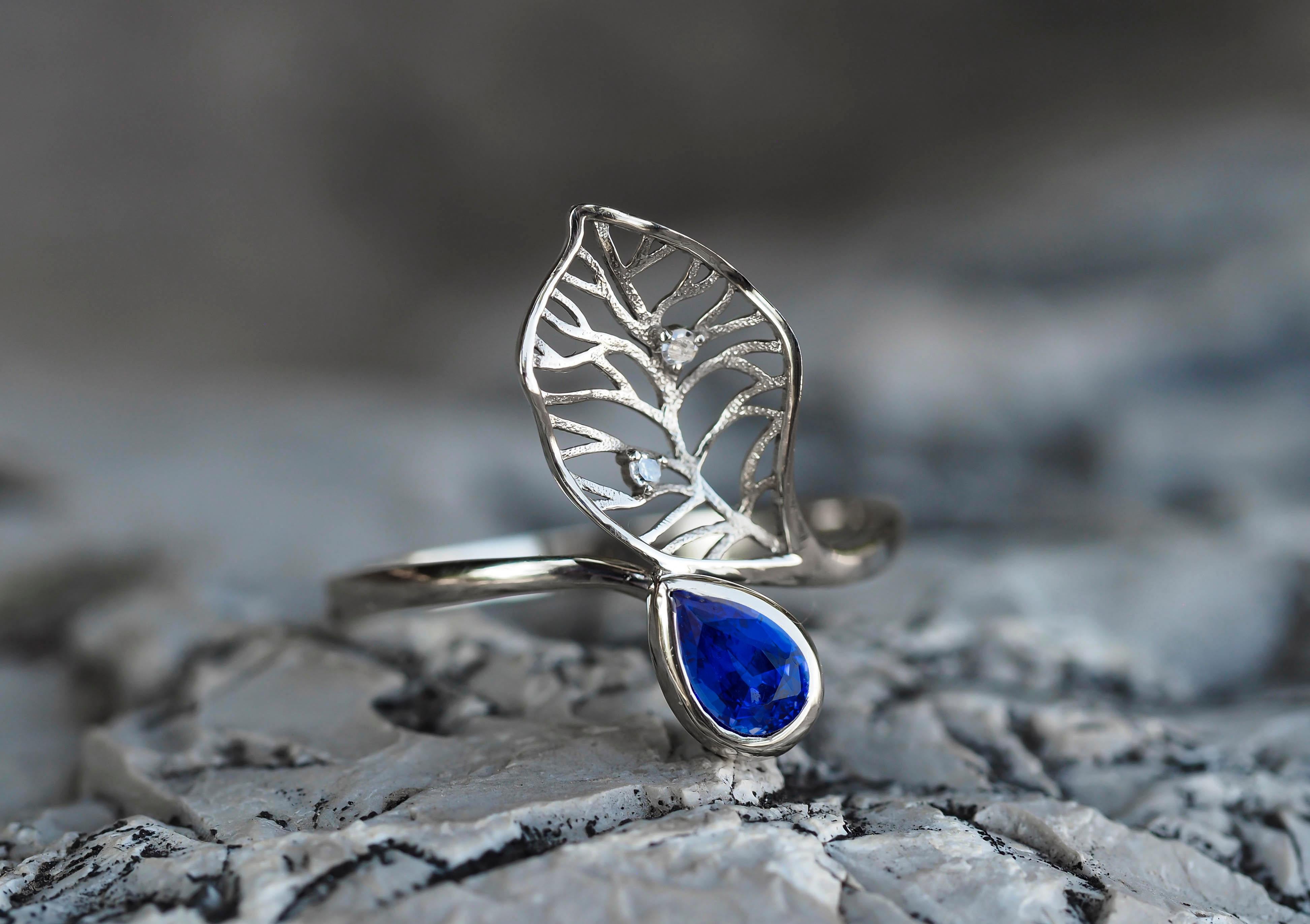 For Sale:  14k Gold Floral Design Ring with Sapphire and Diamonds, Leaf Ring 10