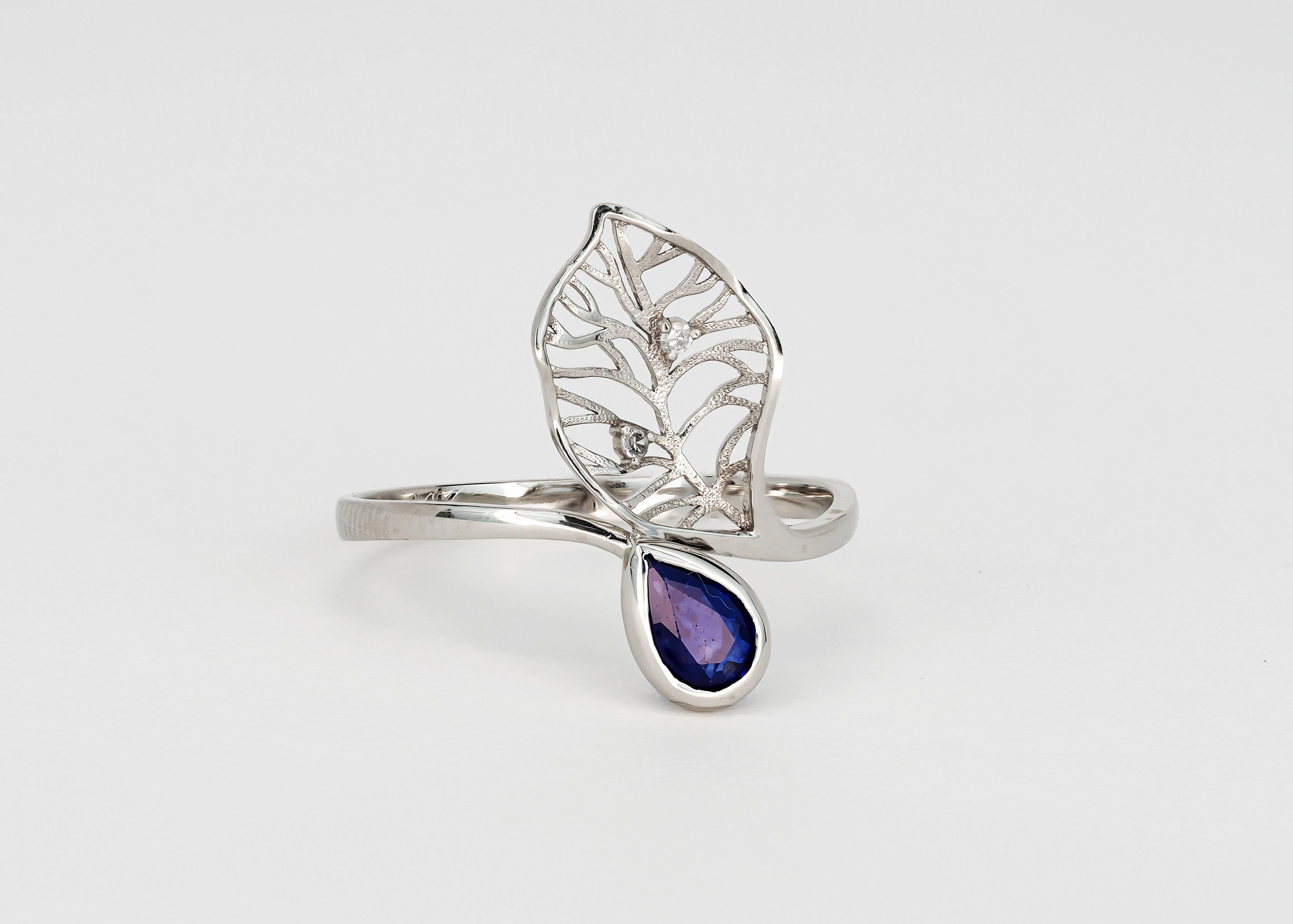 For Sale:  14k Gold Floral Design Ring with Sapphire and Diamonds, Leaf Ring 2