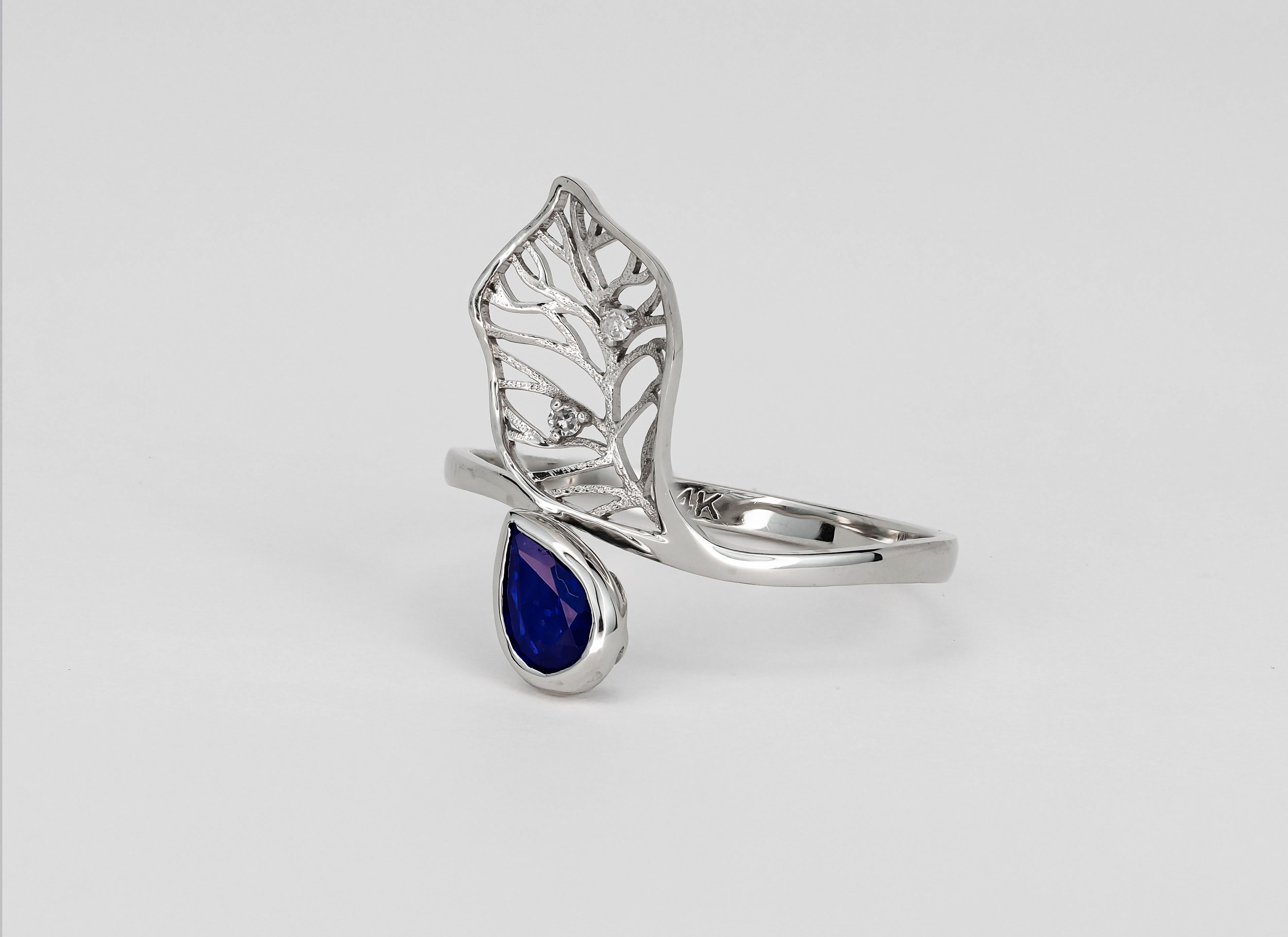 For Sale:  14k Gold Floral Design Ring with Sapphire and Diamonds, Leaf Ring 5
