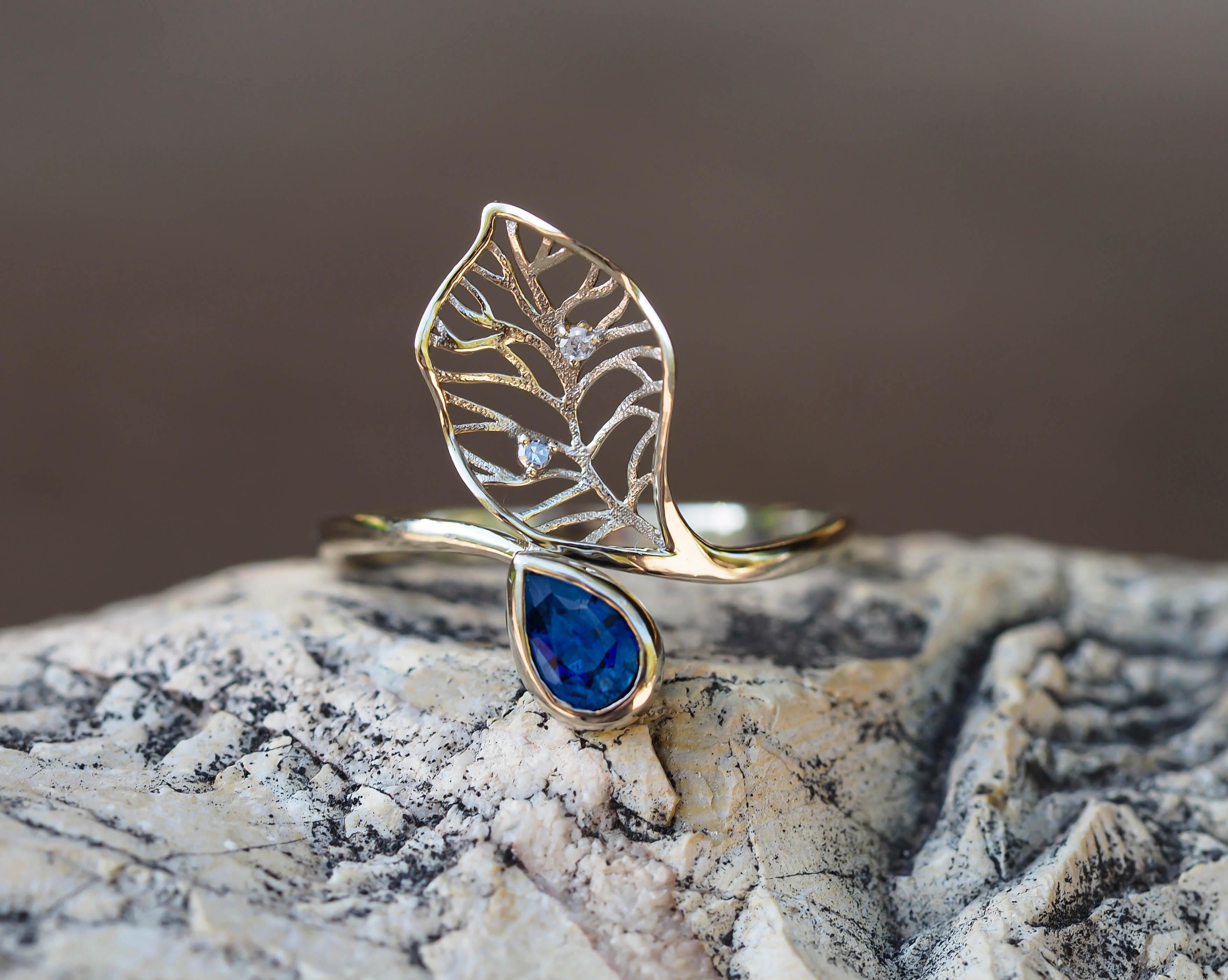 For Sale:  14k Gold Floral Design Ring with Sapphire and Diamonds, Leaf Ring 9