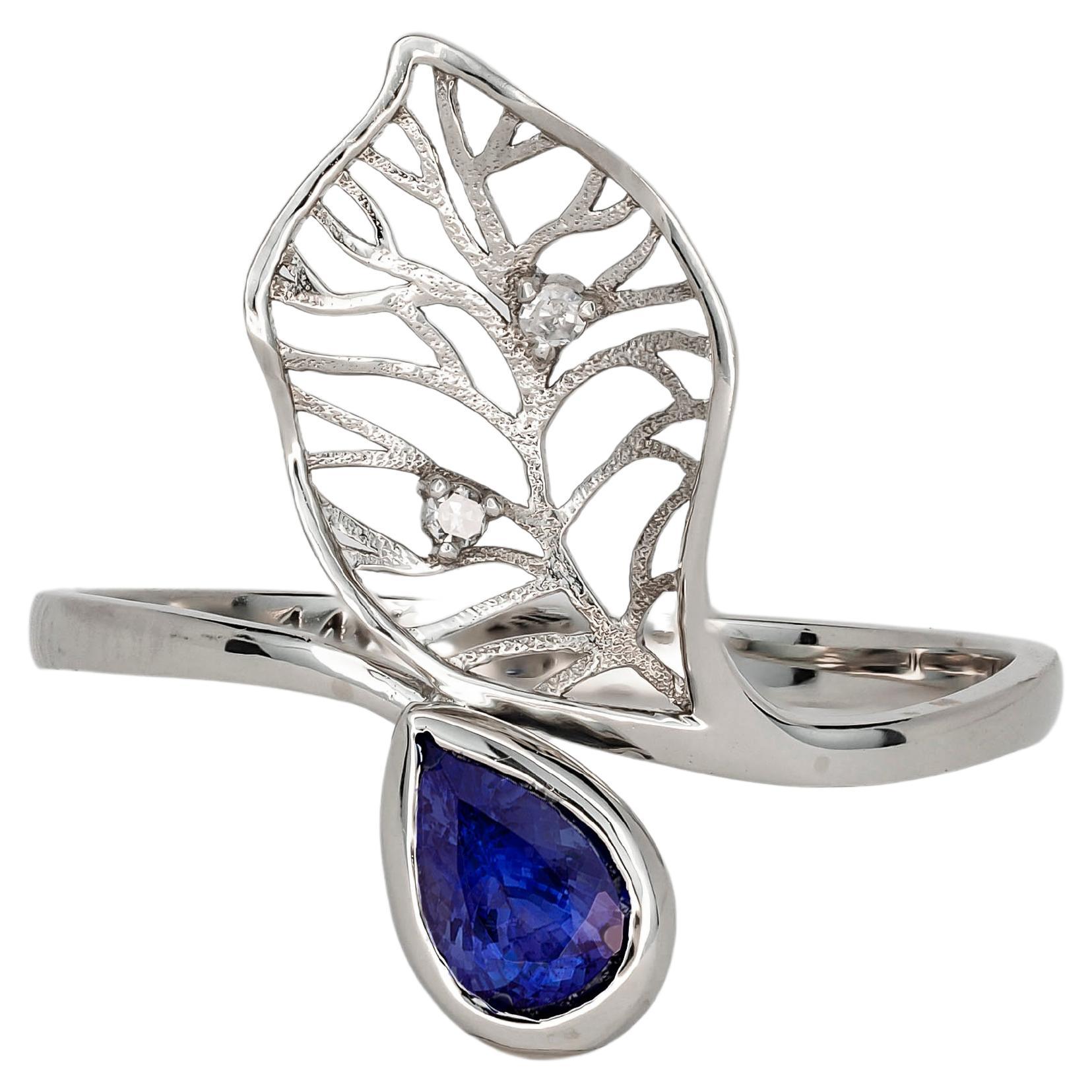 14k Gold Floral Design Ring with Sapphire and Diamonds, Leaf Ring