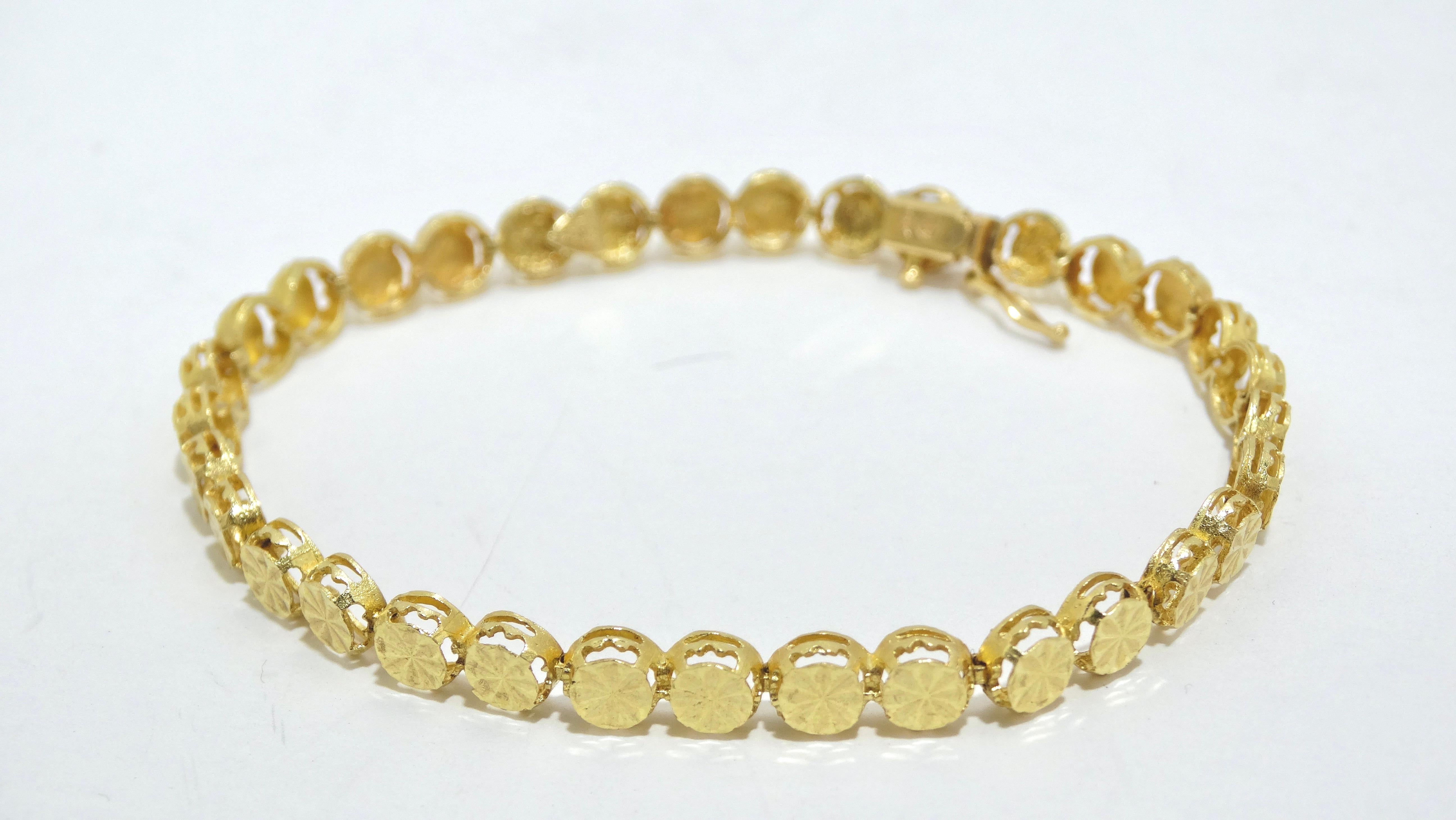This is a vintage Beverly Hills 14k SOLID yellow Gold coin link tennis bracelet. This is a no-brainer to add to any jewelry collection. The simplicity and durability of this bracelet will take your through your everyday lifestyle. Wear with your