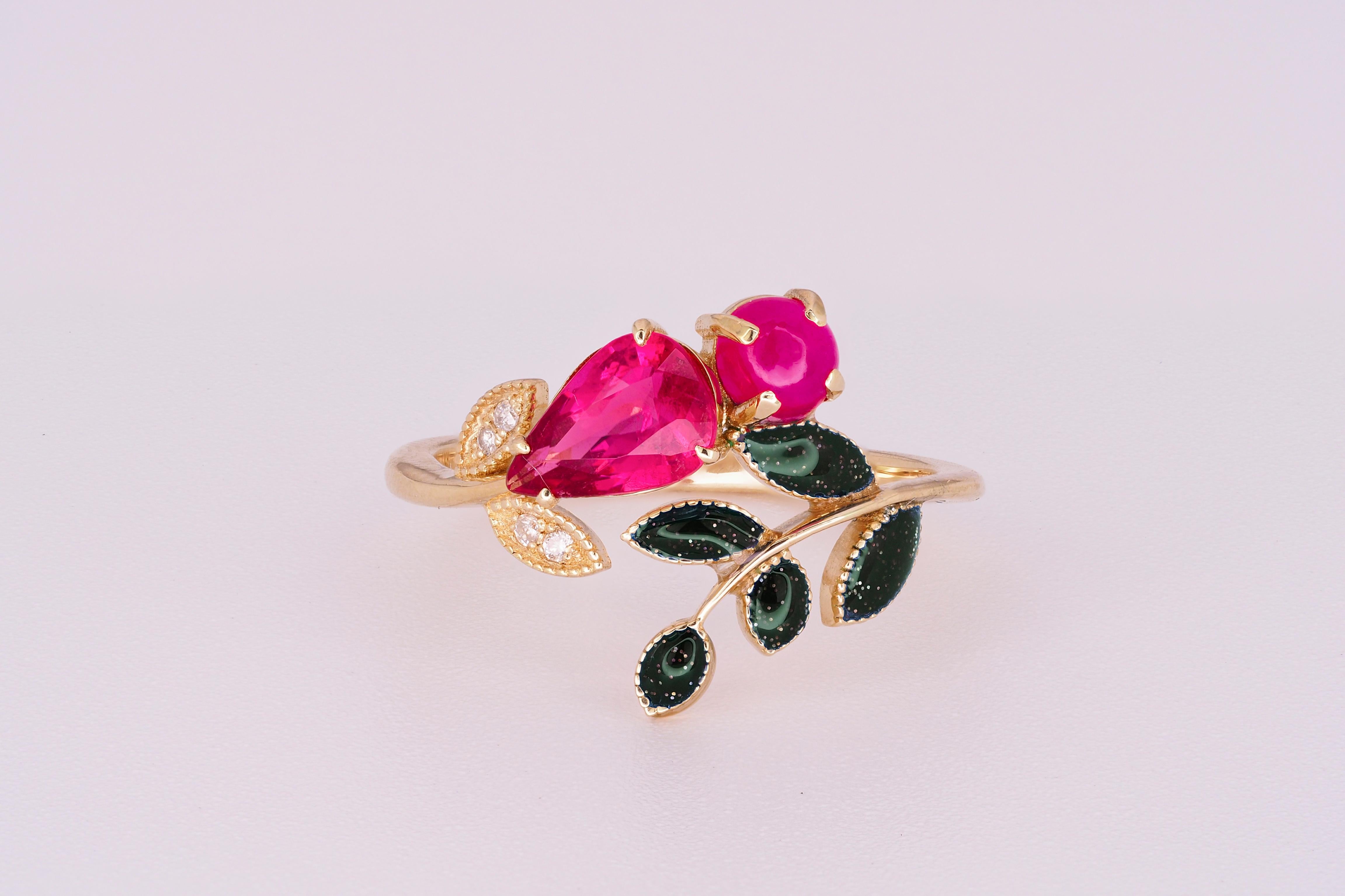 For Sale:  Tourmaline, Ruby and diamonds 14 karat gold ring. 10