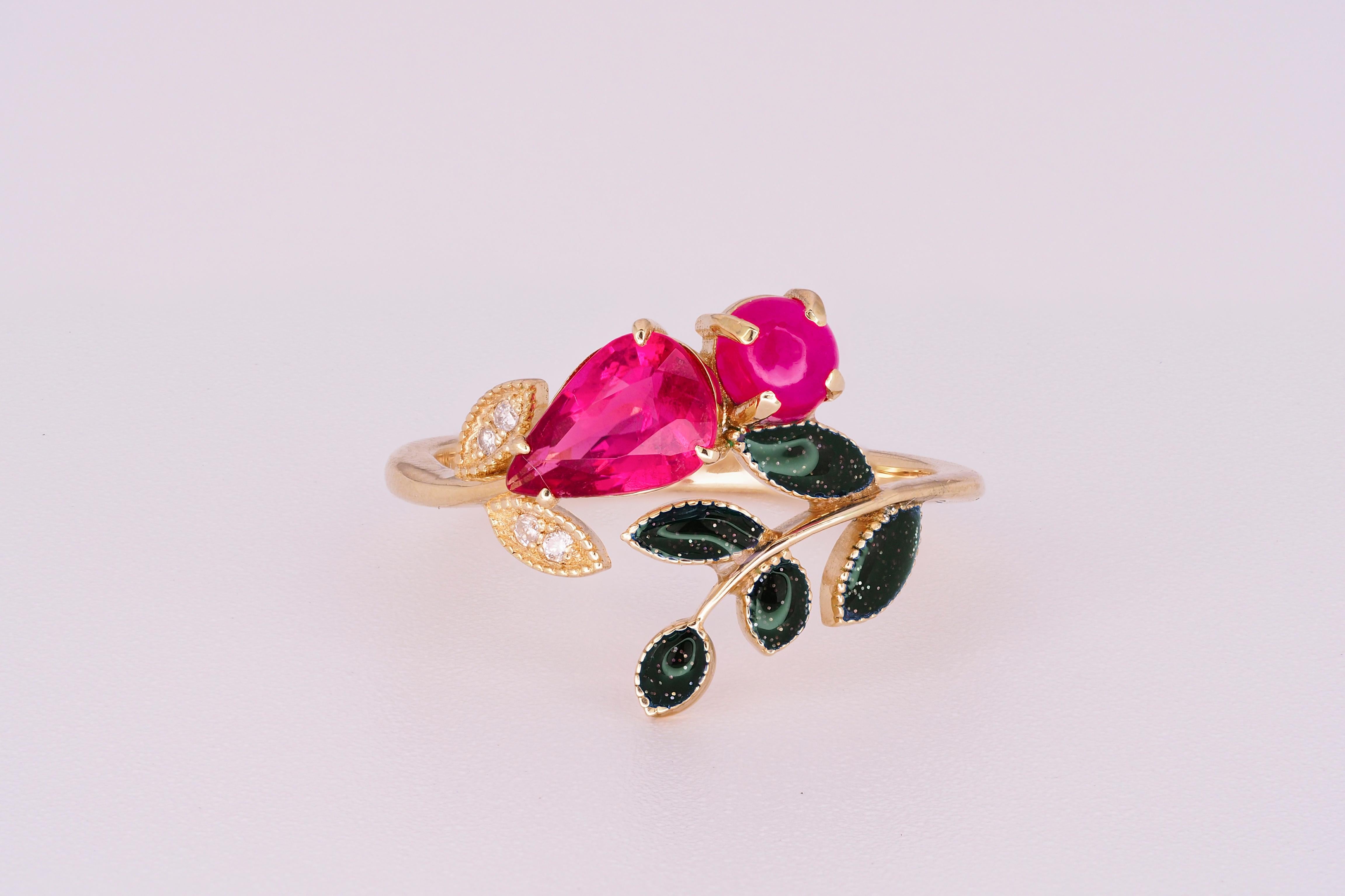 For Sale:  Tourmaline, Ruby and diamonds 14 karat gold ring.  10