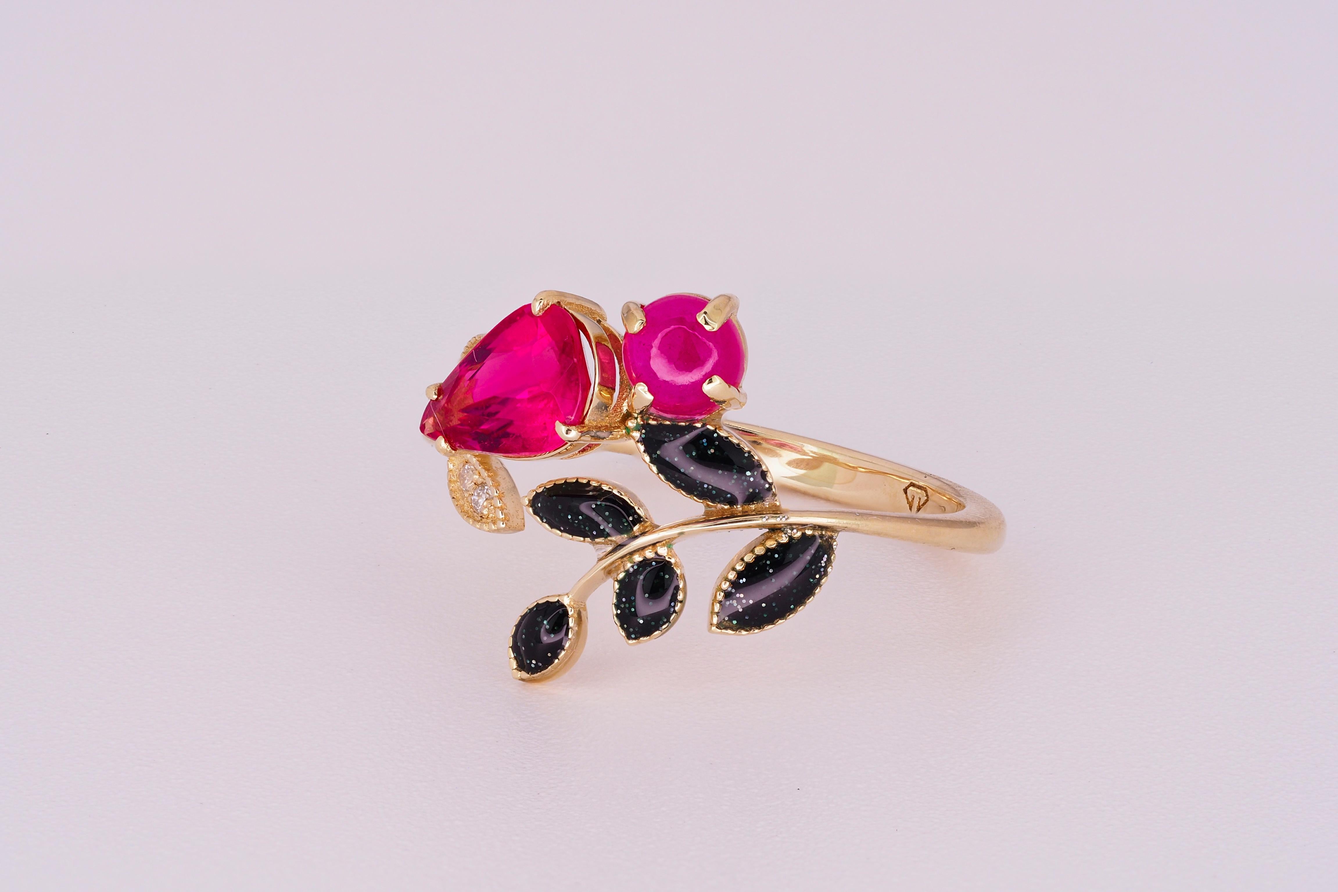 For Sale:  Tourmaline, Ruby and diamonds 14 karat gold ring.  11