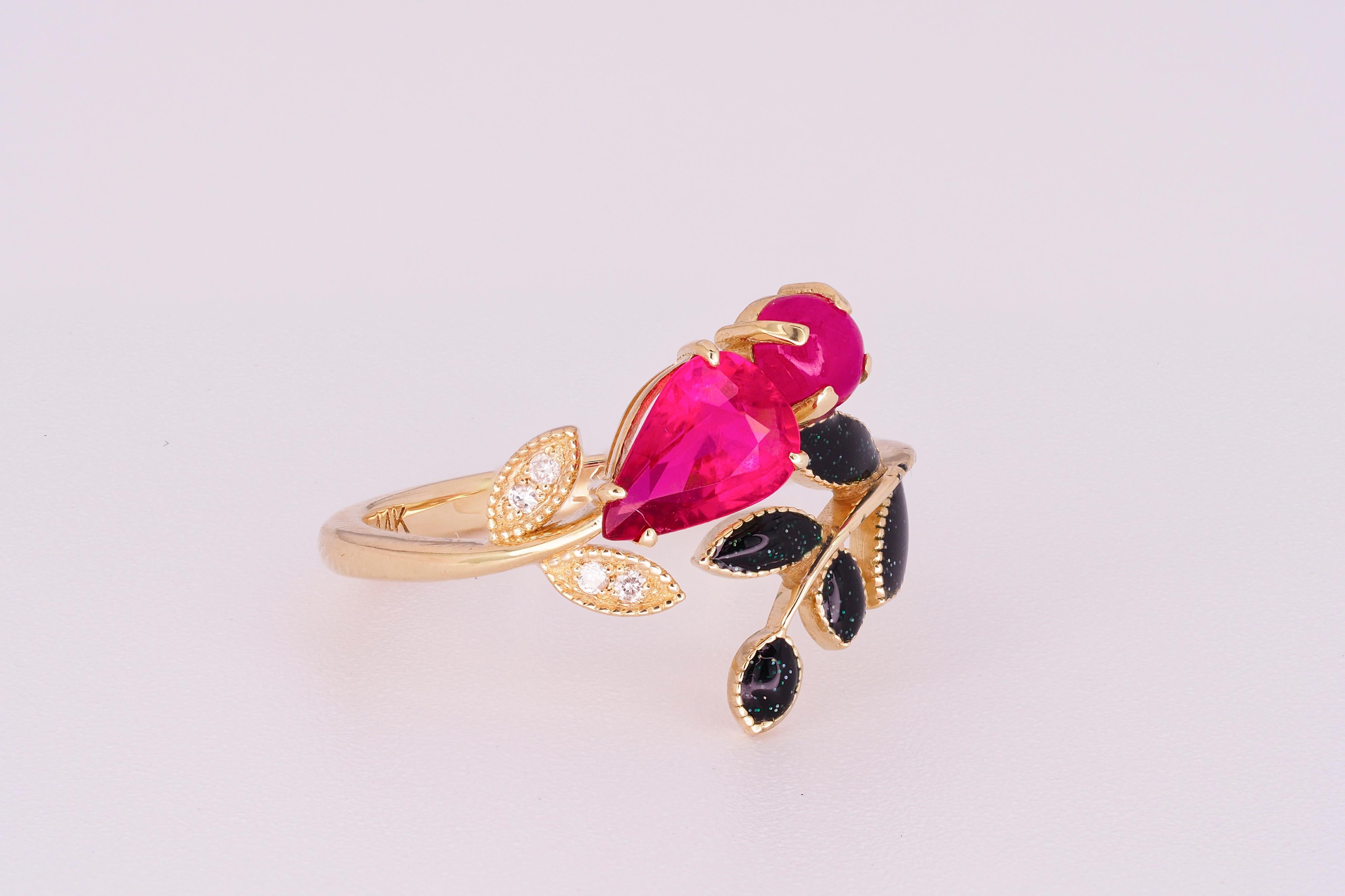 For Sale:  Tourmaline, Ruby and diamonds 14 karat gold ring.  12