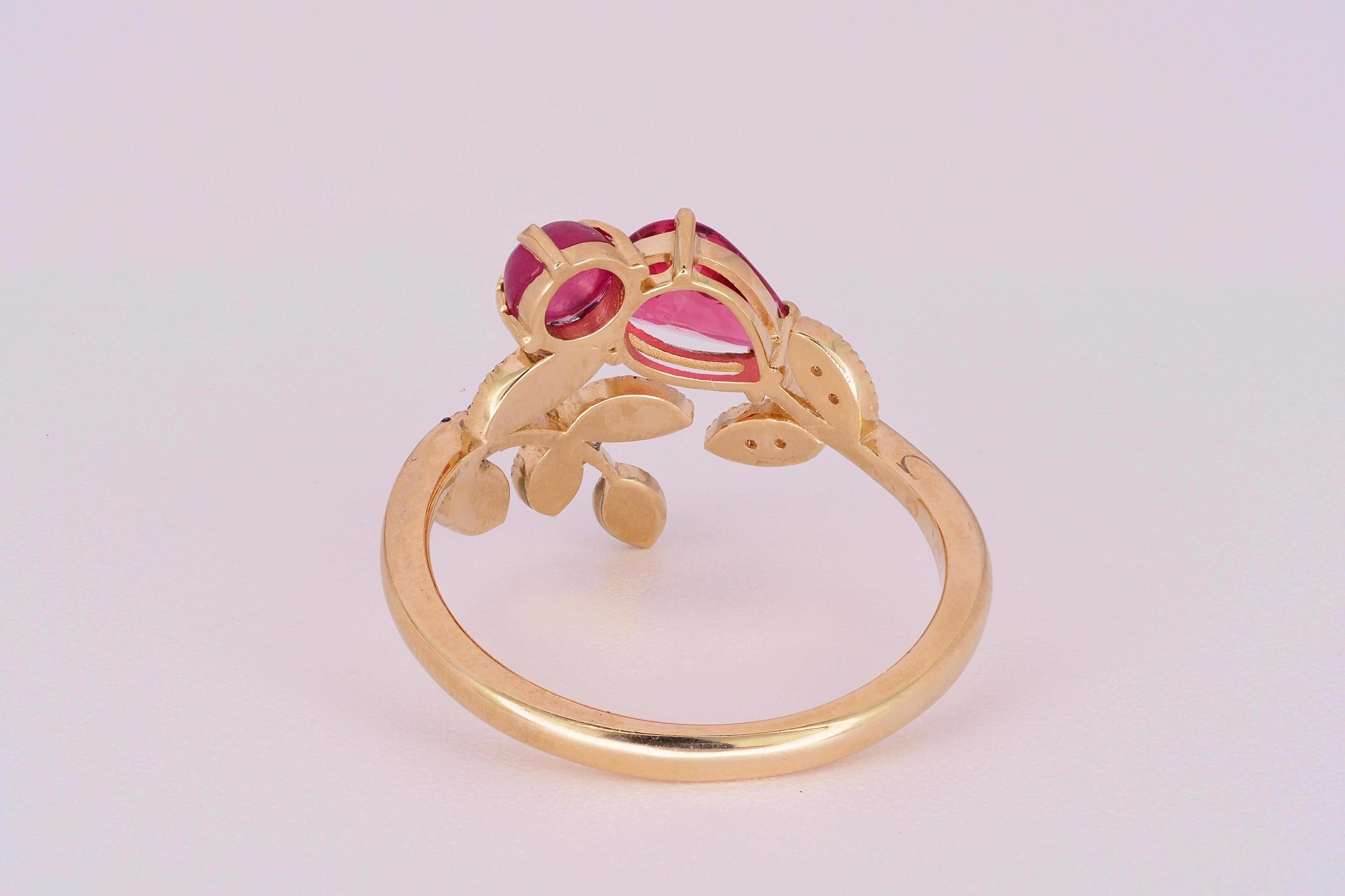 For Sale:  Tourmaline, Ruby and diamonds 14 karat gold ring. 13