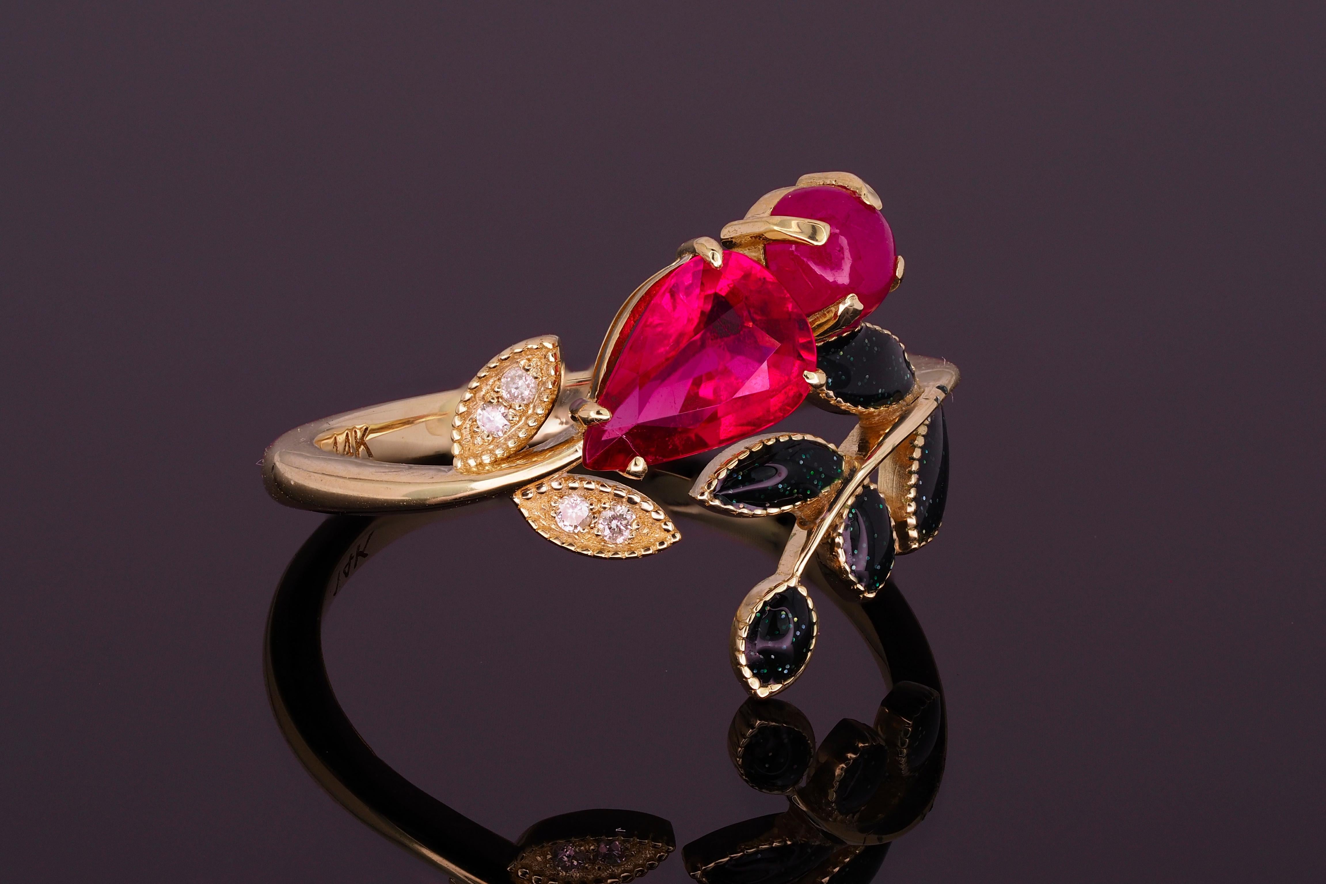 For Sale:  Tourmaline, Ruby and diamonds 14 karat gold ring.  14