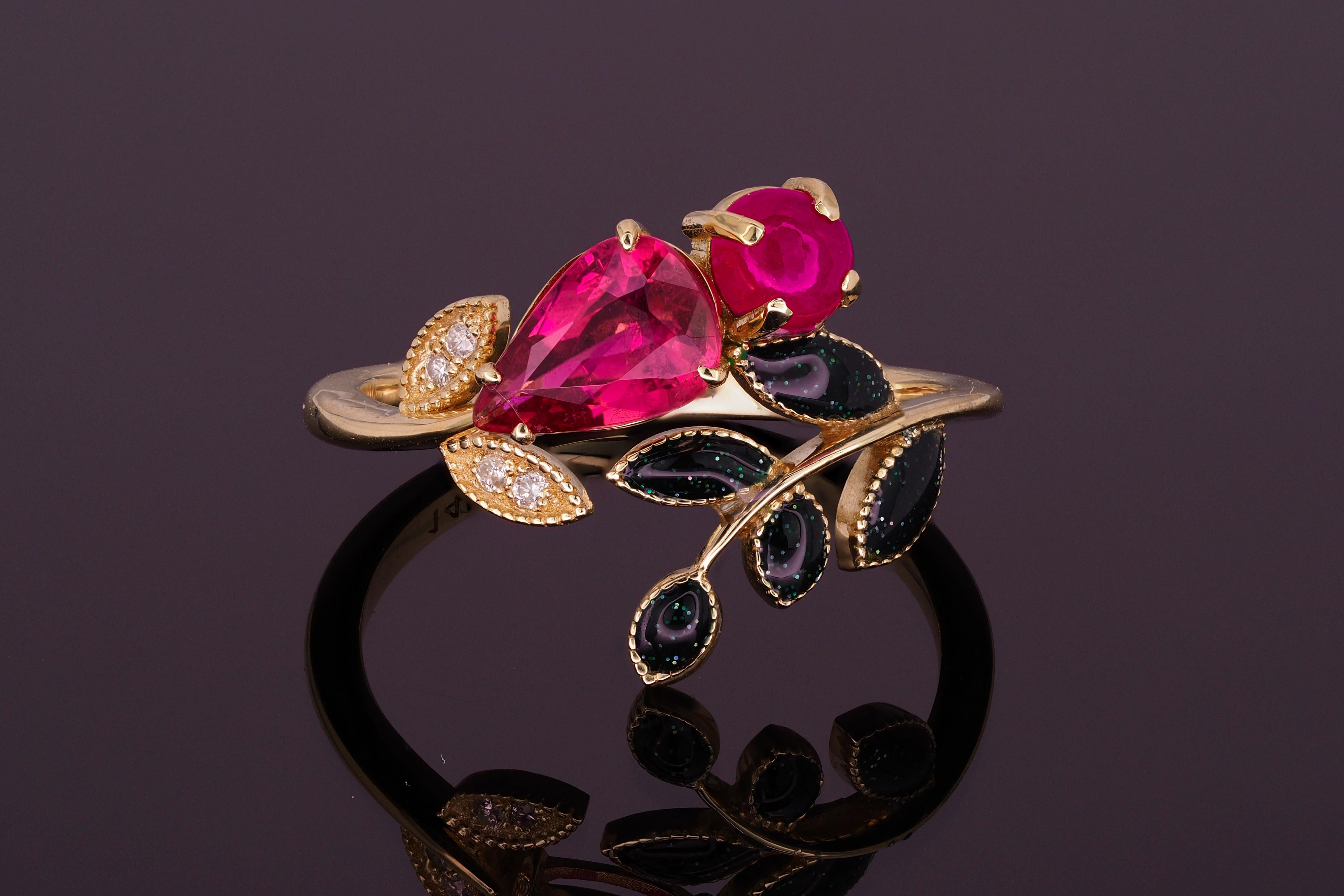 For Sale:  Tourmaline, Ruby and diamonds 14 karat gold ring.  15