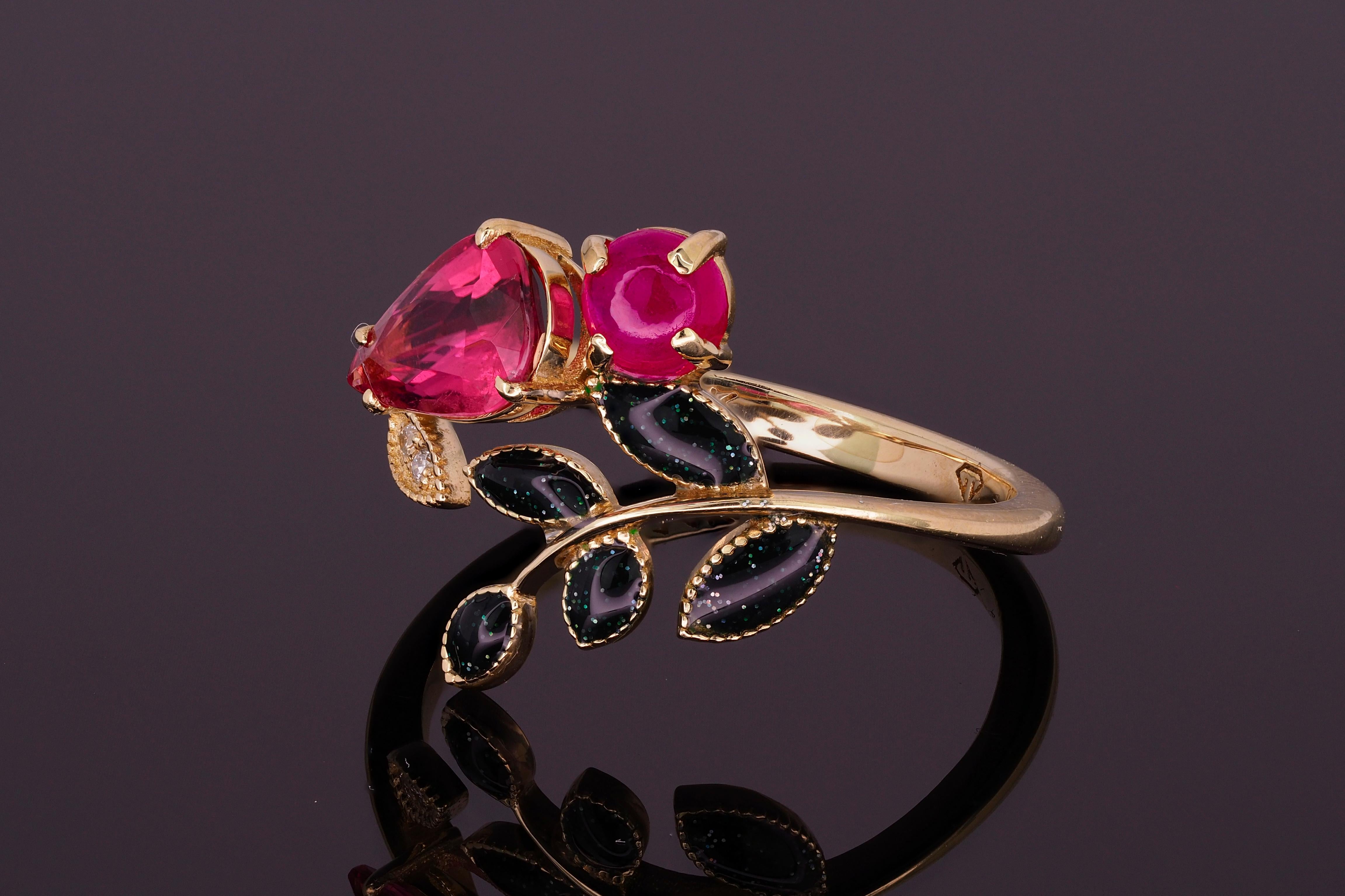 For Sale:  Tourmaline, Ruby and diamonds 14 karat gold ring.  16