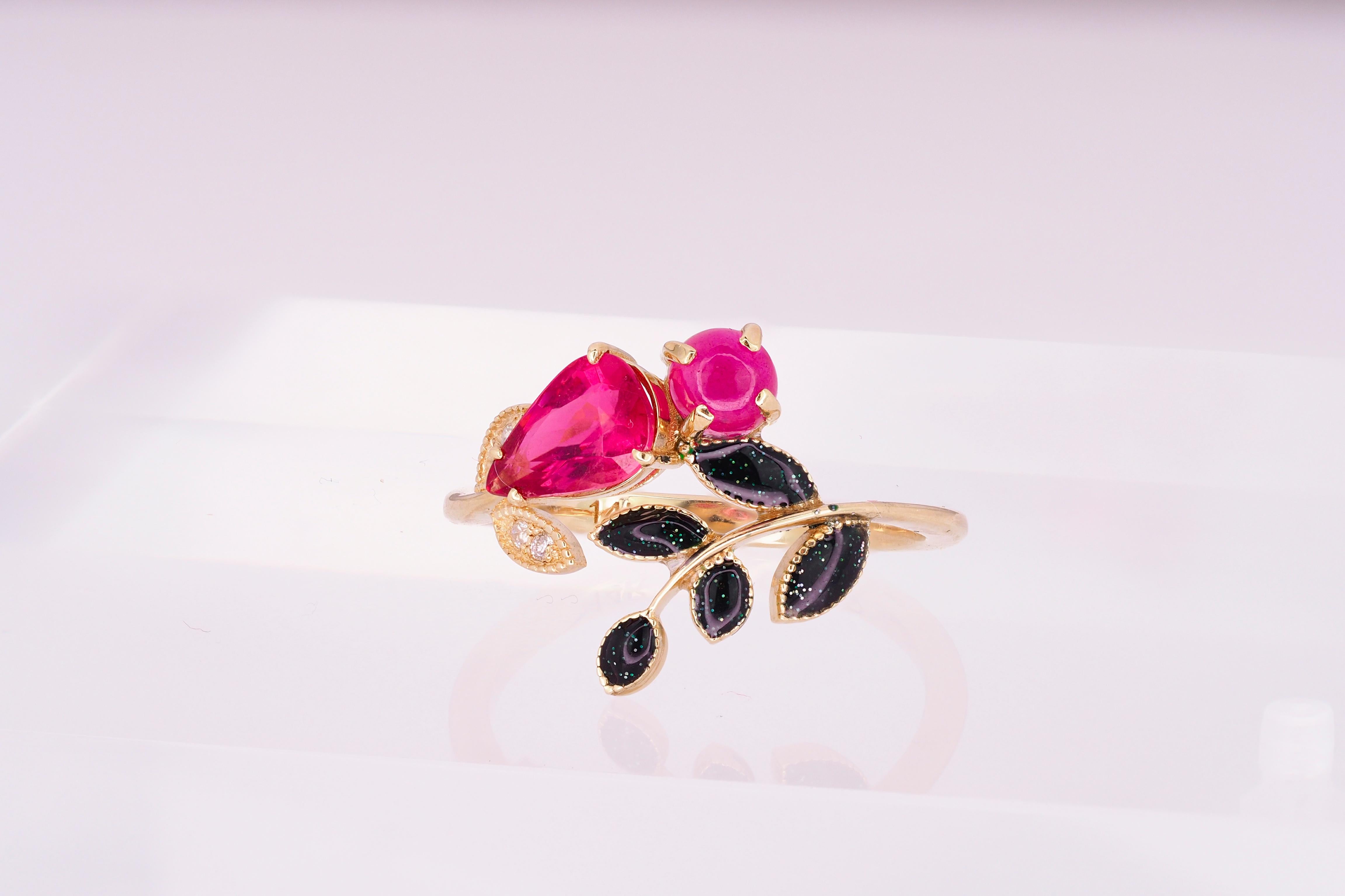 For Sale:  Tourmaline, Ruby and diamonds 14 karat gold ring.  17