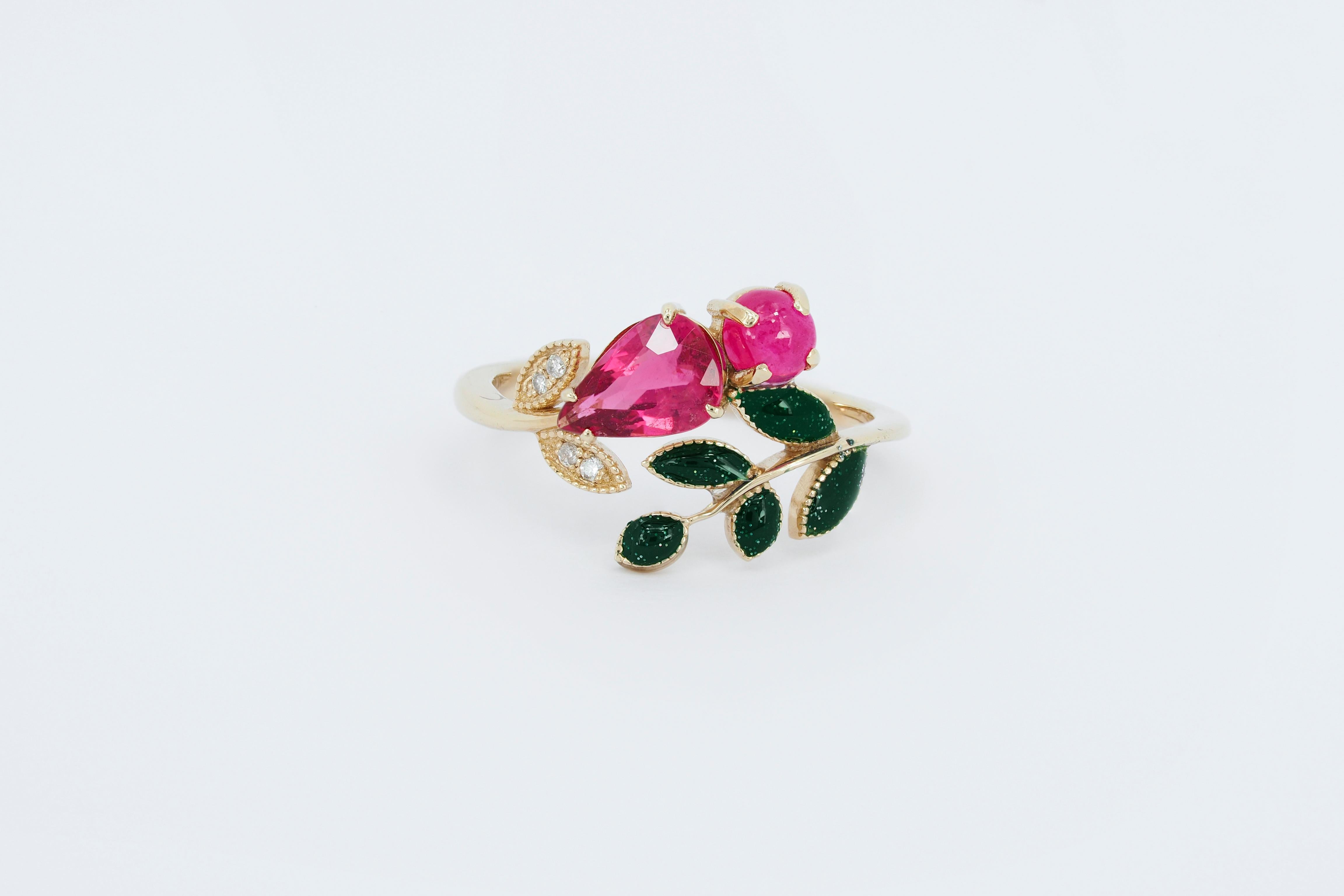 For Sale:  Tourmaline, Ruby and diamonds 14 karat gold ring.  2