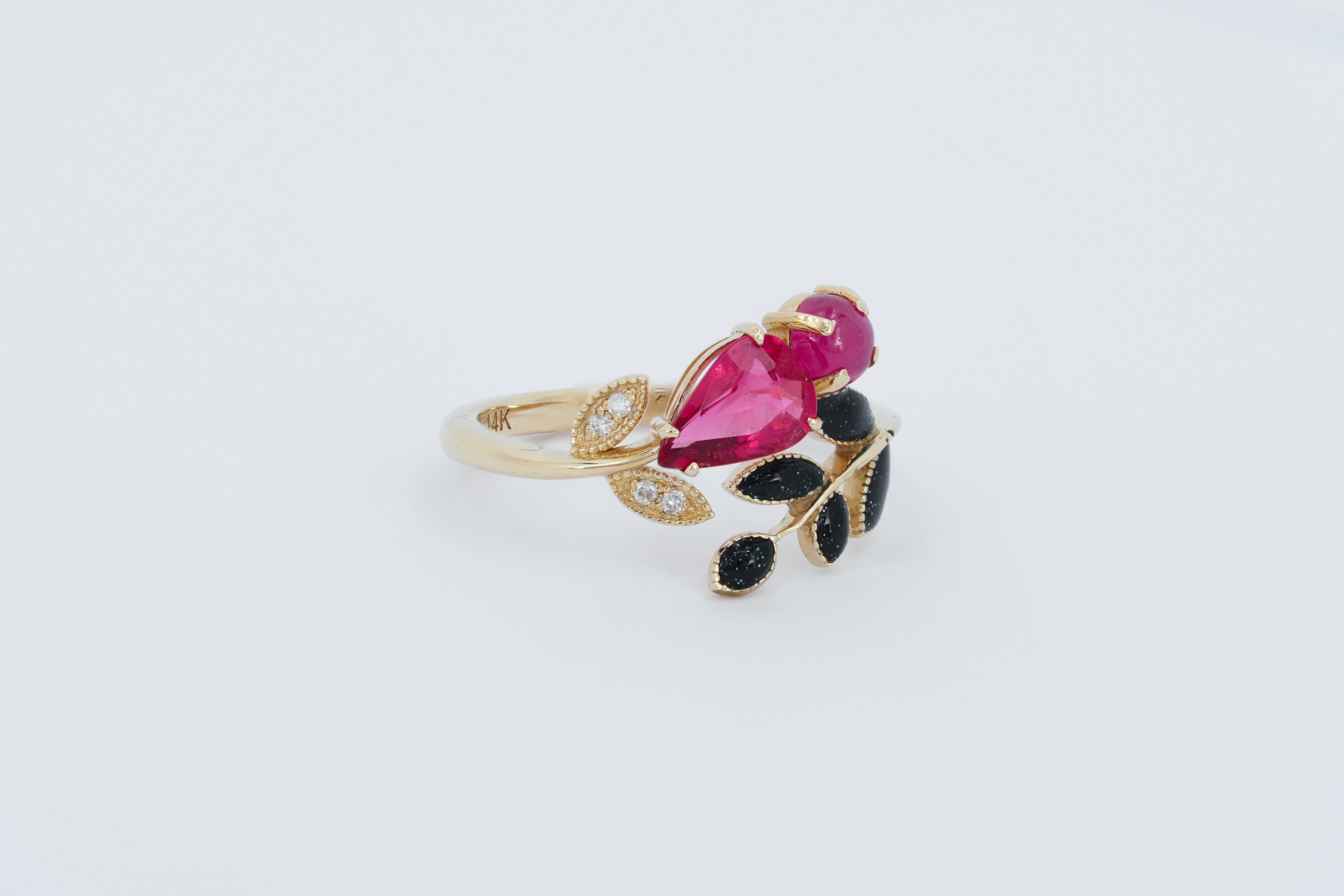 For Sale:  Tourmaline, Ruby and diamonds 14 karat gold ring.  3