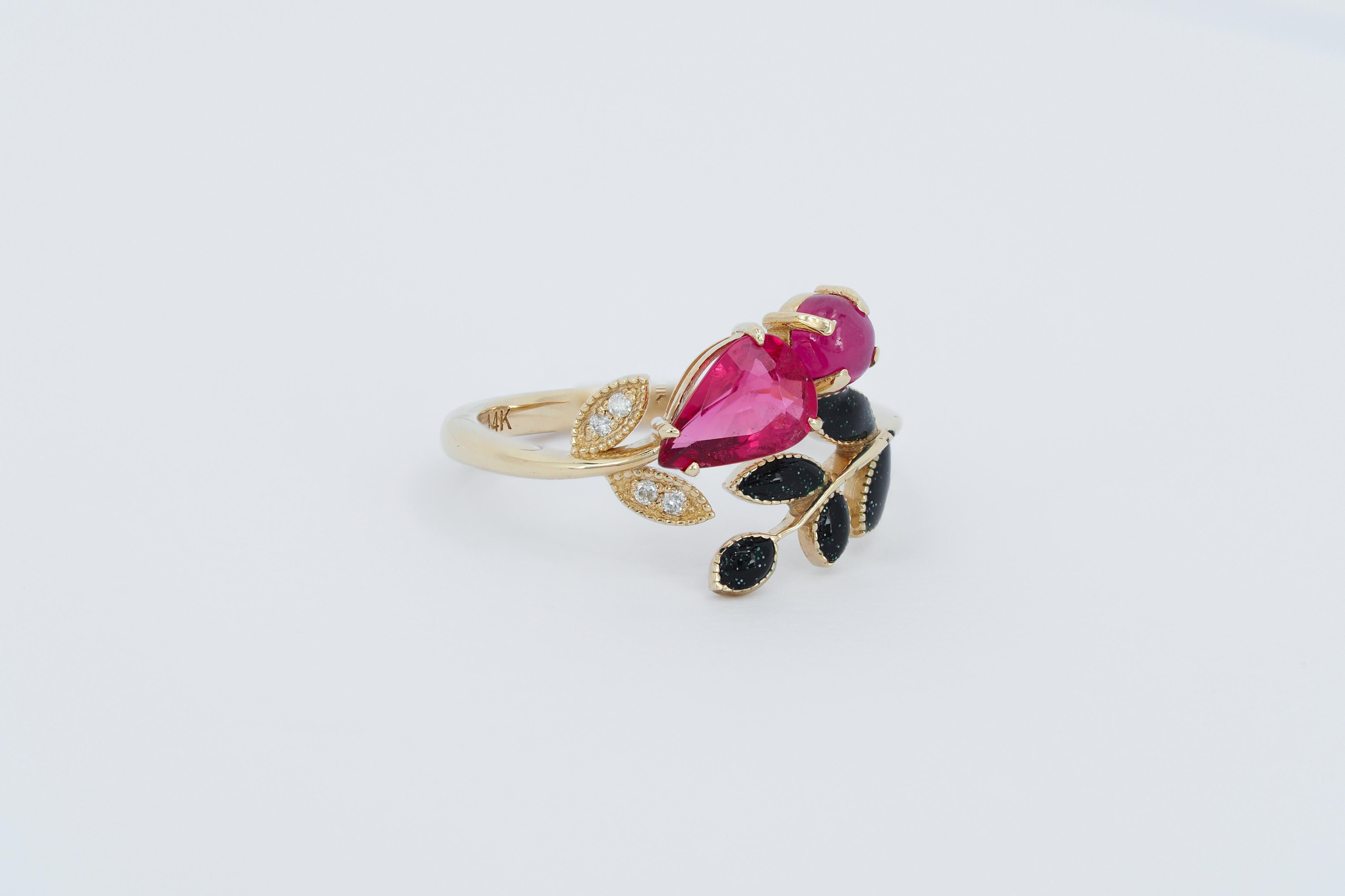For Sale:  Tourmaline, Ruby and diamonds 14 karat gold ring. 3
