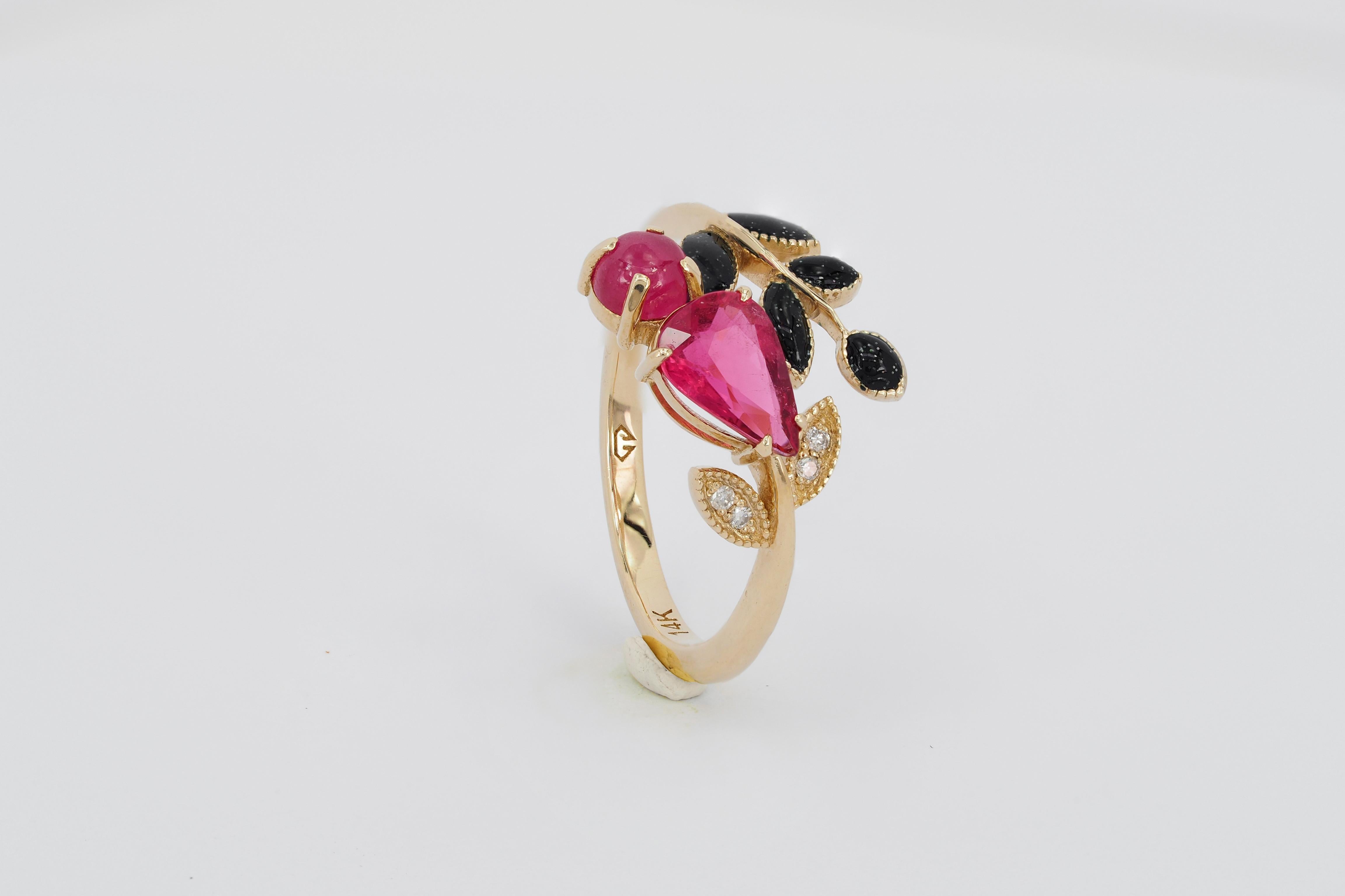 For Sale:  Tourmaline, Ruby and diamonds 14 karat gold ring.  5