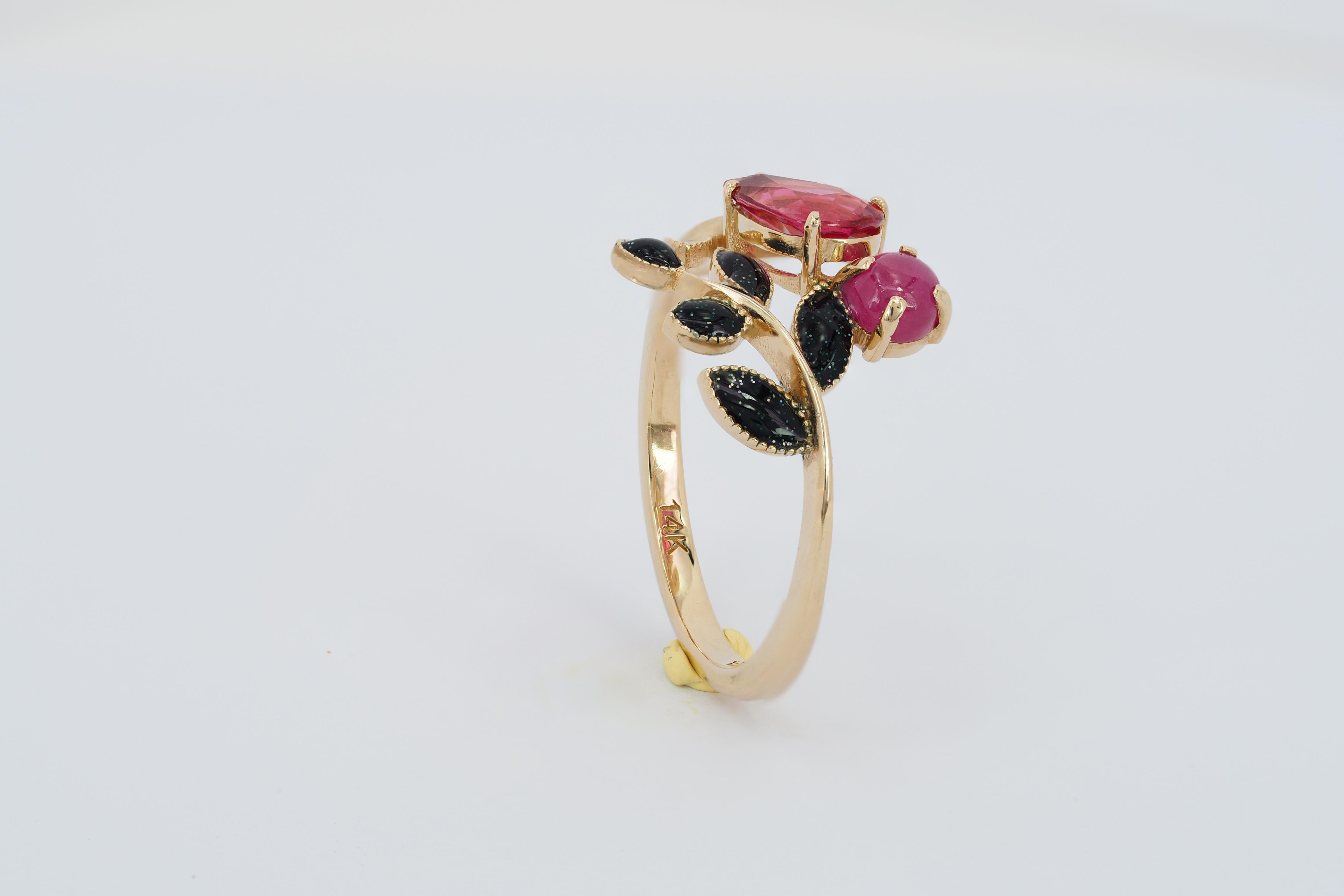 For Sale:  Tourmaline, Ruby and diamonds 14 karat gold ring.  6