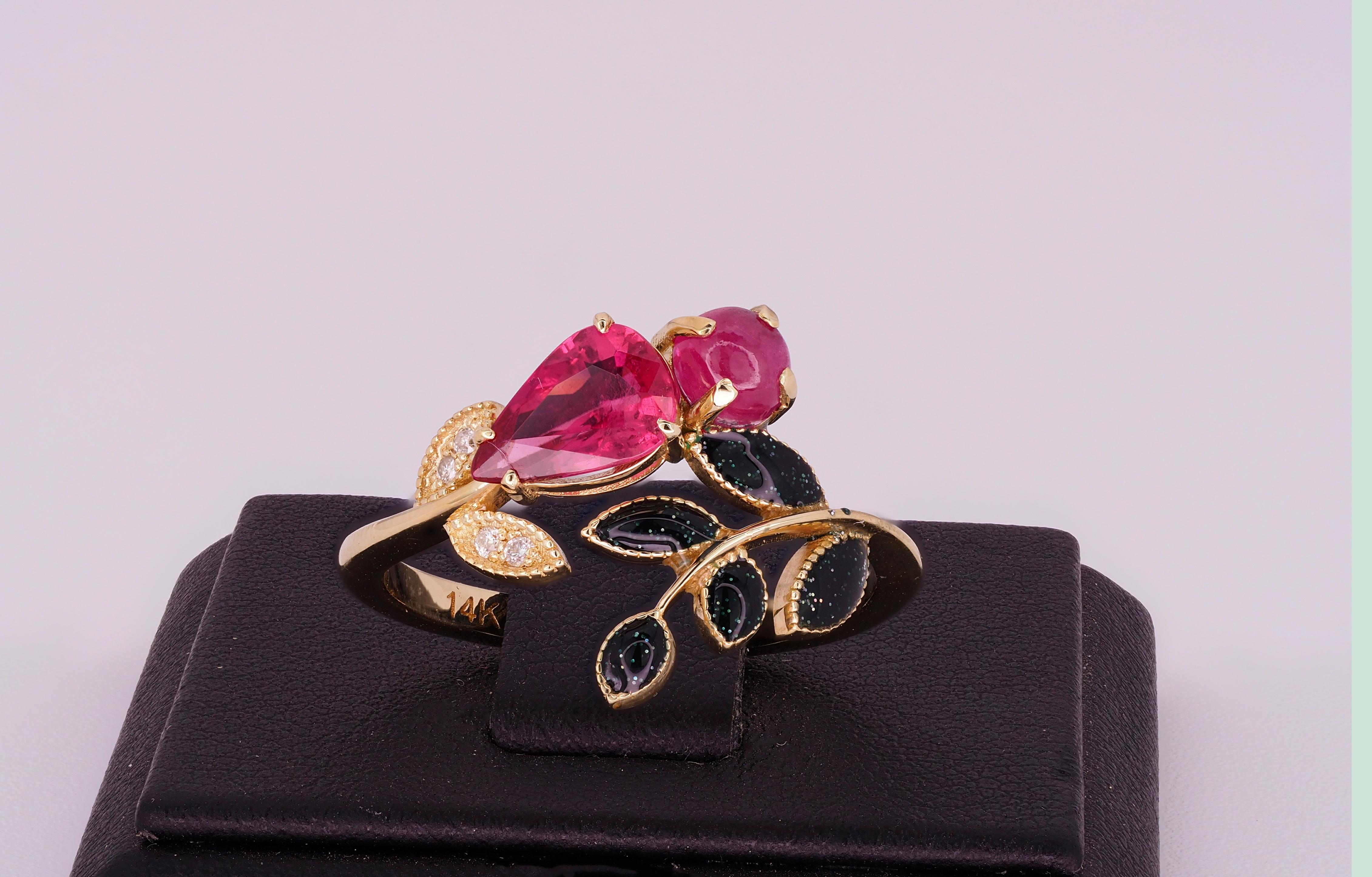 For Sale:  Tourmaline, Ruby and diamonds 14 karat gold ring.  8