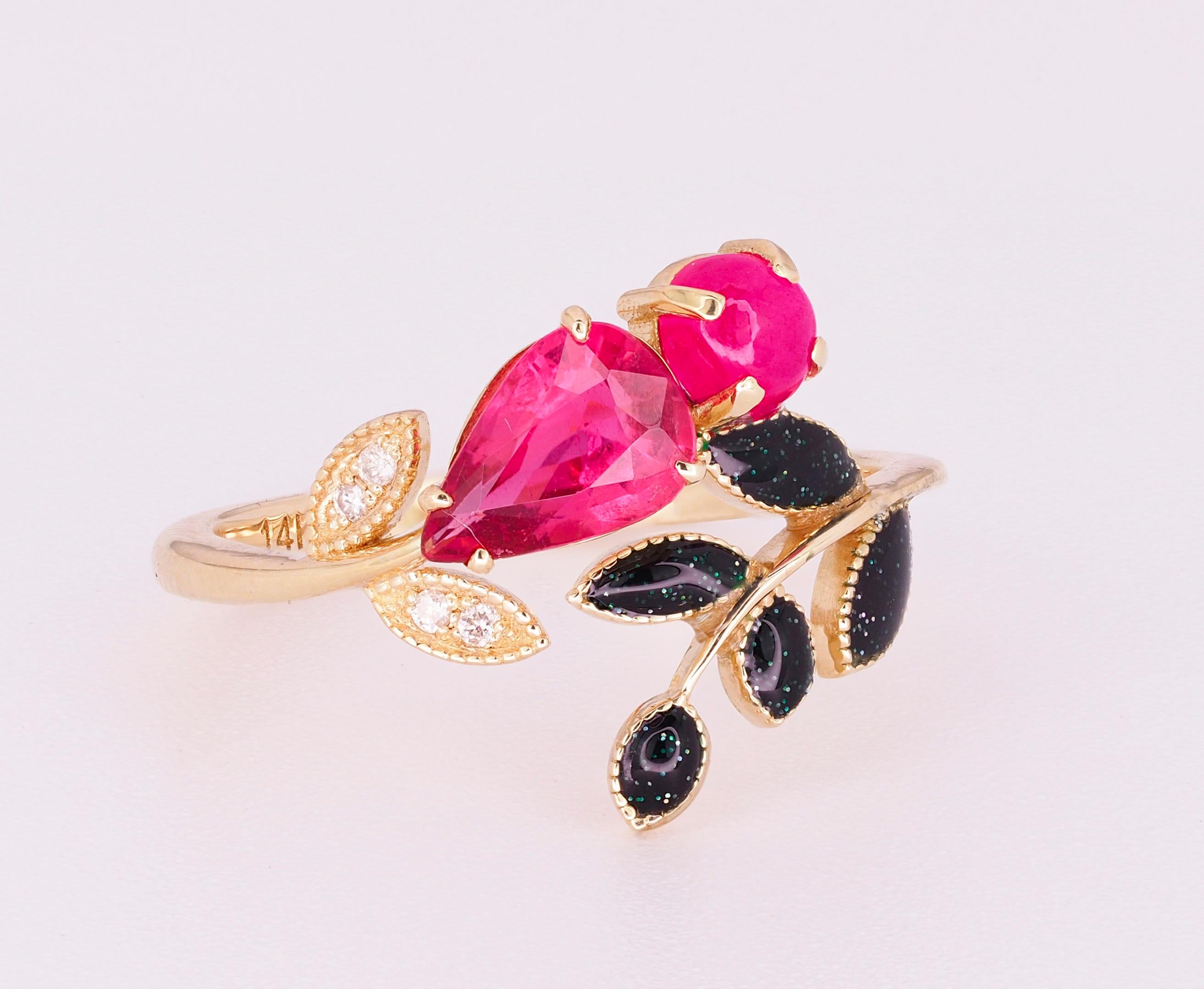 For Sale:  Tourmaline, Ruby and diamonds 14 karat gold ring.  9