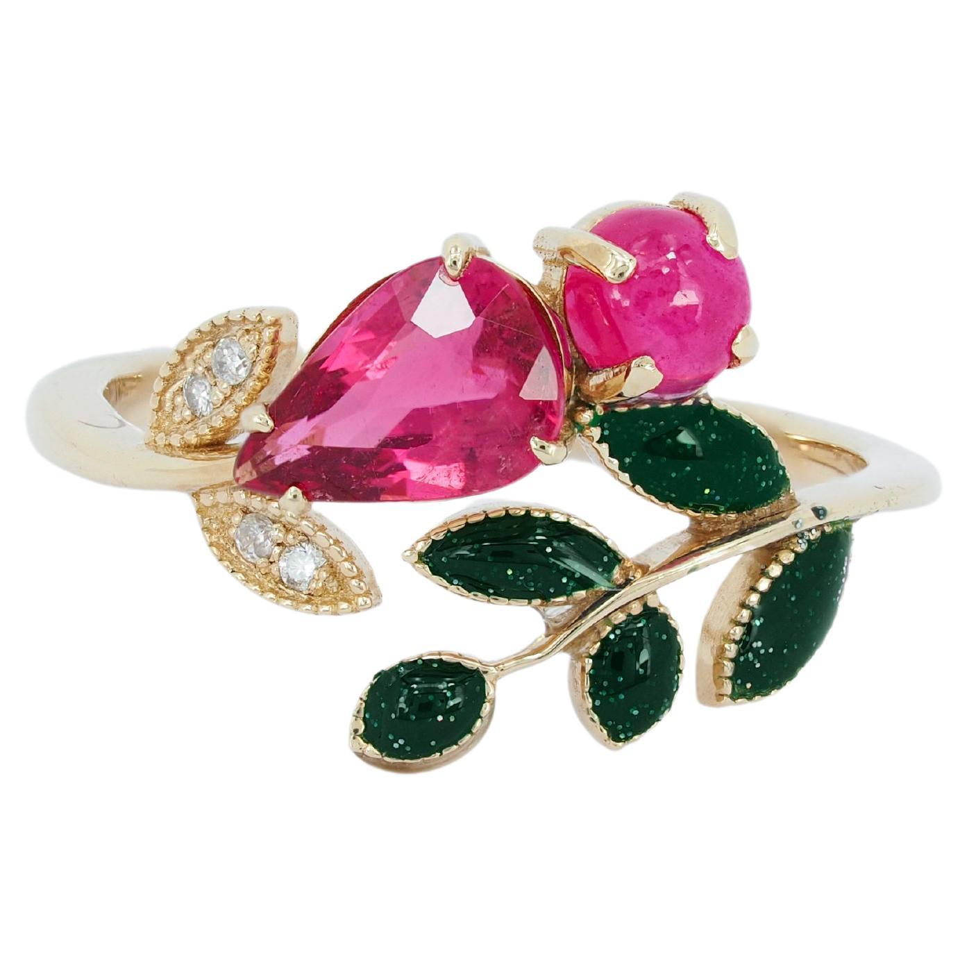 For Sale:  Tourmaline, Ruby and diamonds 14 karat gold ring.