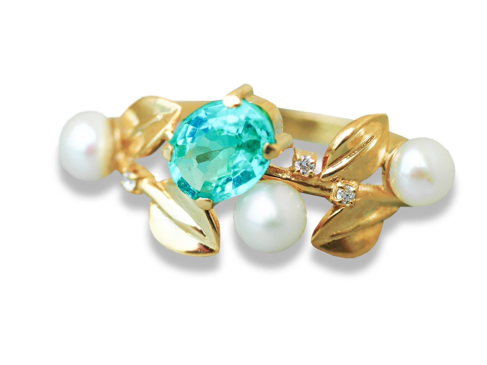 For Sale:  14k Gold Floral Ring with Oval Apatite, Diamonds and Pearls 10