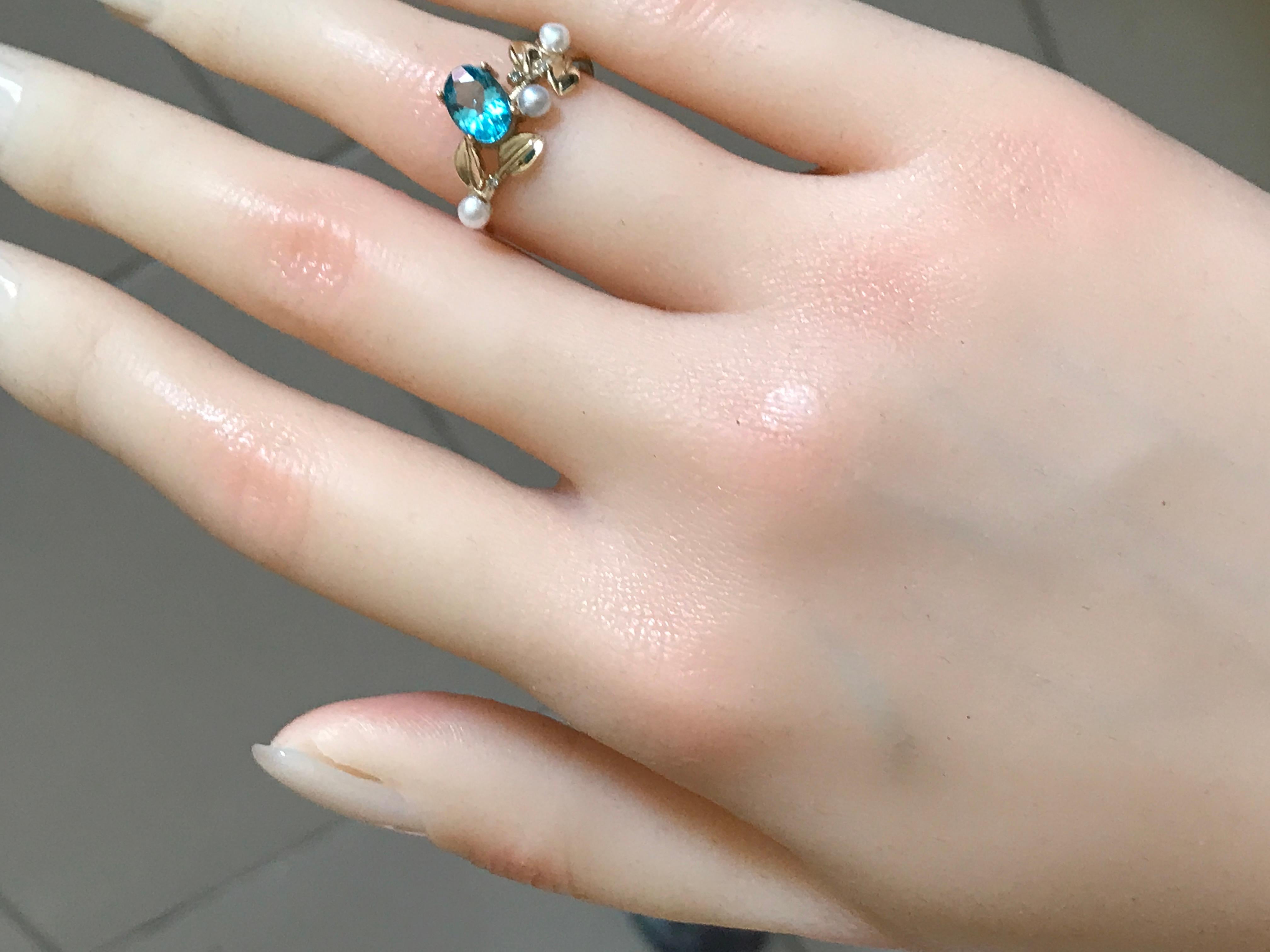 For Sale:  14k Gold Floral Ring with Oval Apatite, Diamonds and Pearls 11