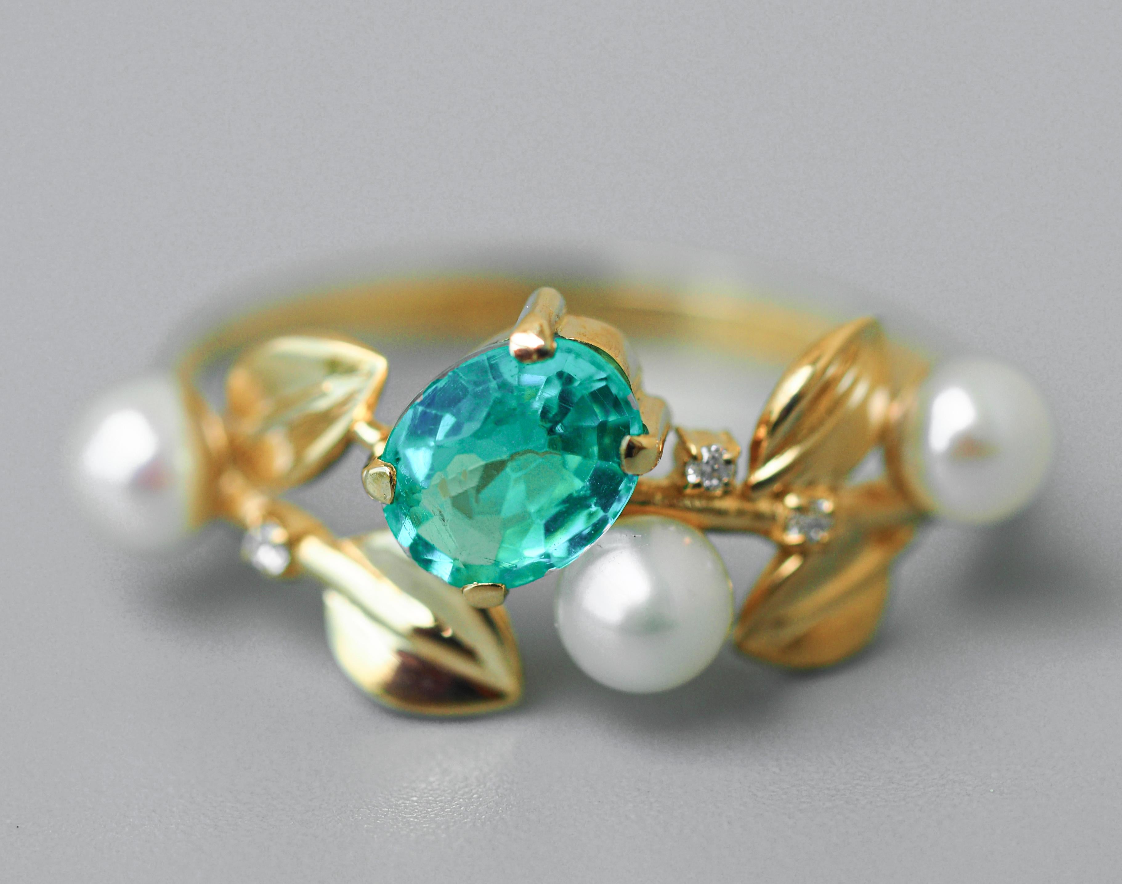 For Sale:  14k Gold Floral Ring with Oval Apatite, Diamonds and Pearls 7
