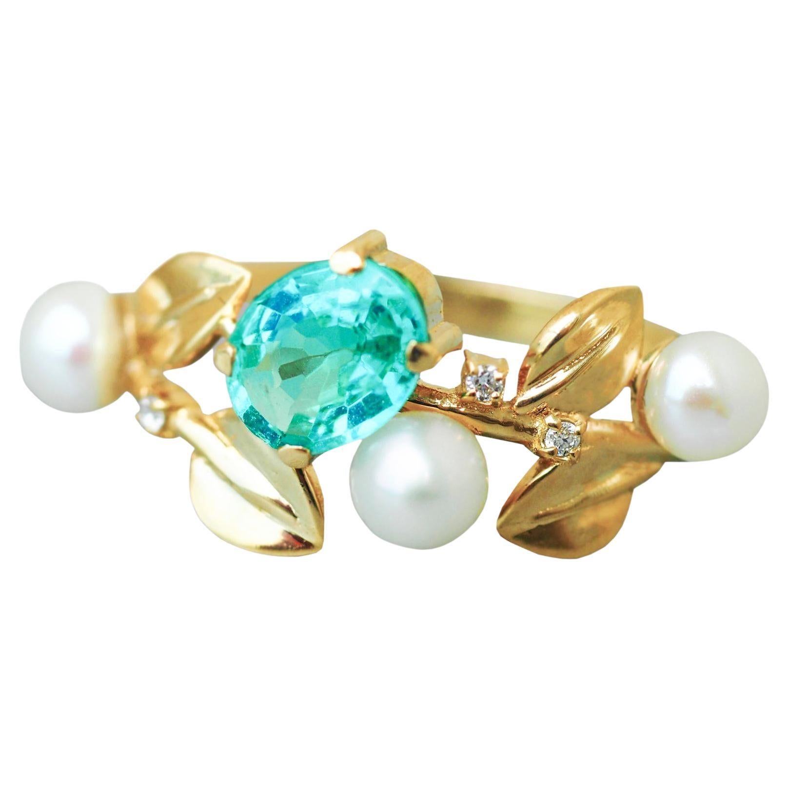 For Sale:  14k Gold Floral Ring with Oval Apatite, Diamonds and Pearls