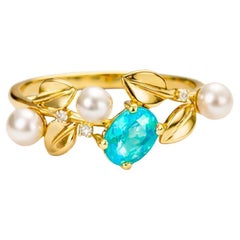 14k Gold Floral Ring with Oval Apatite, Diamonds and Pearls