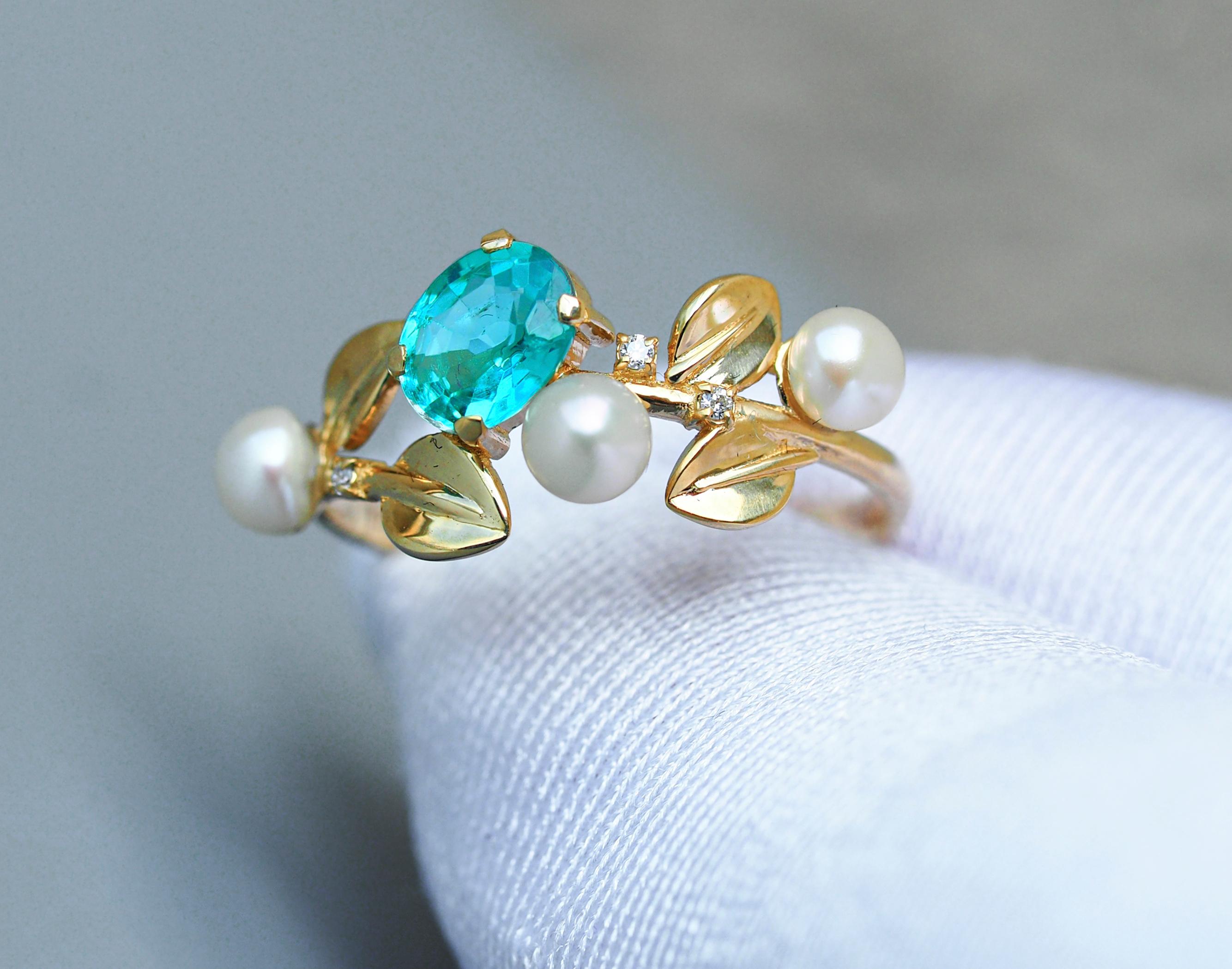 14k gold floral ring with oval neon paraiba apatite, diamonds and pearls.  For Sale 4