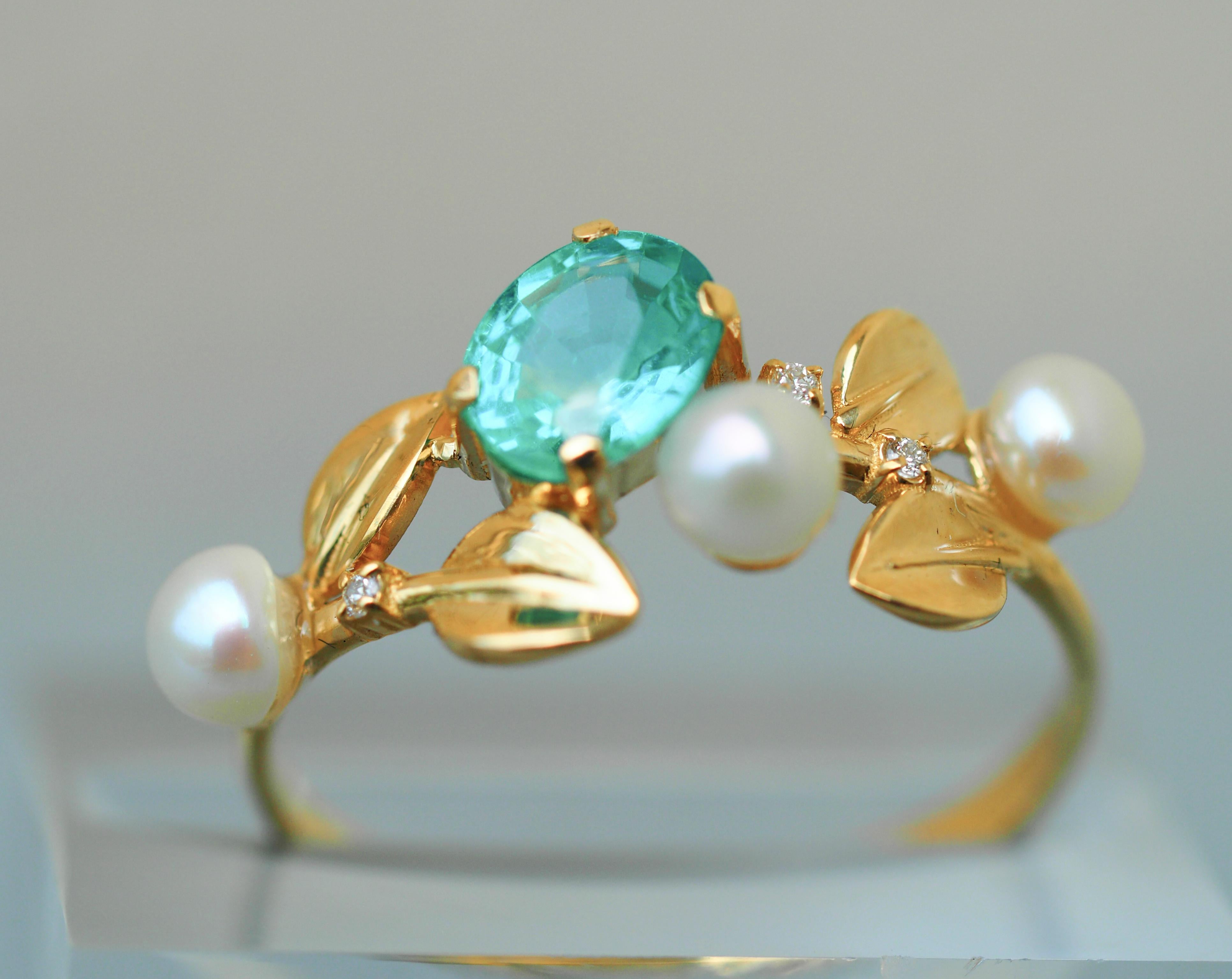 14k gold floral ring with oval neon paraiba apatite, diamonds and pearls.  In New Condition For Sale In Istanbul, TR