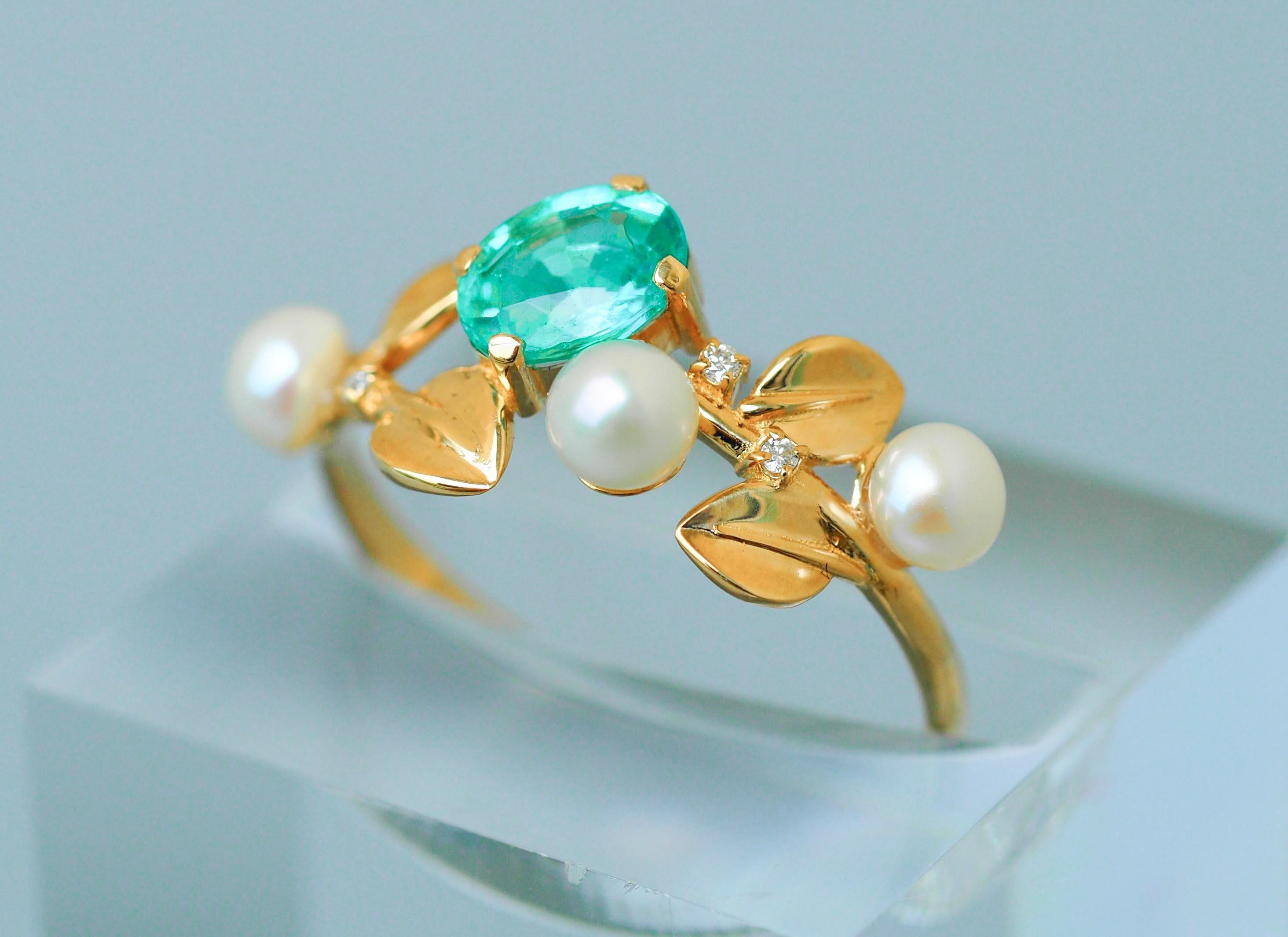 Women's 14k gold floral ring with oval neon paraiba apatite, diamonds and pearls.  For Sale