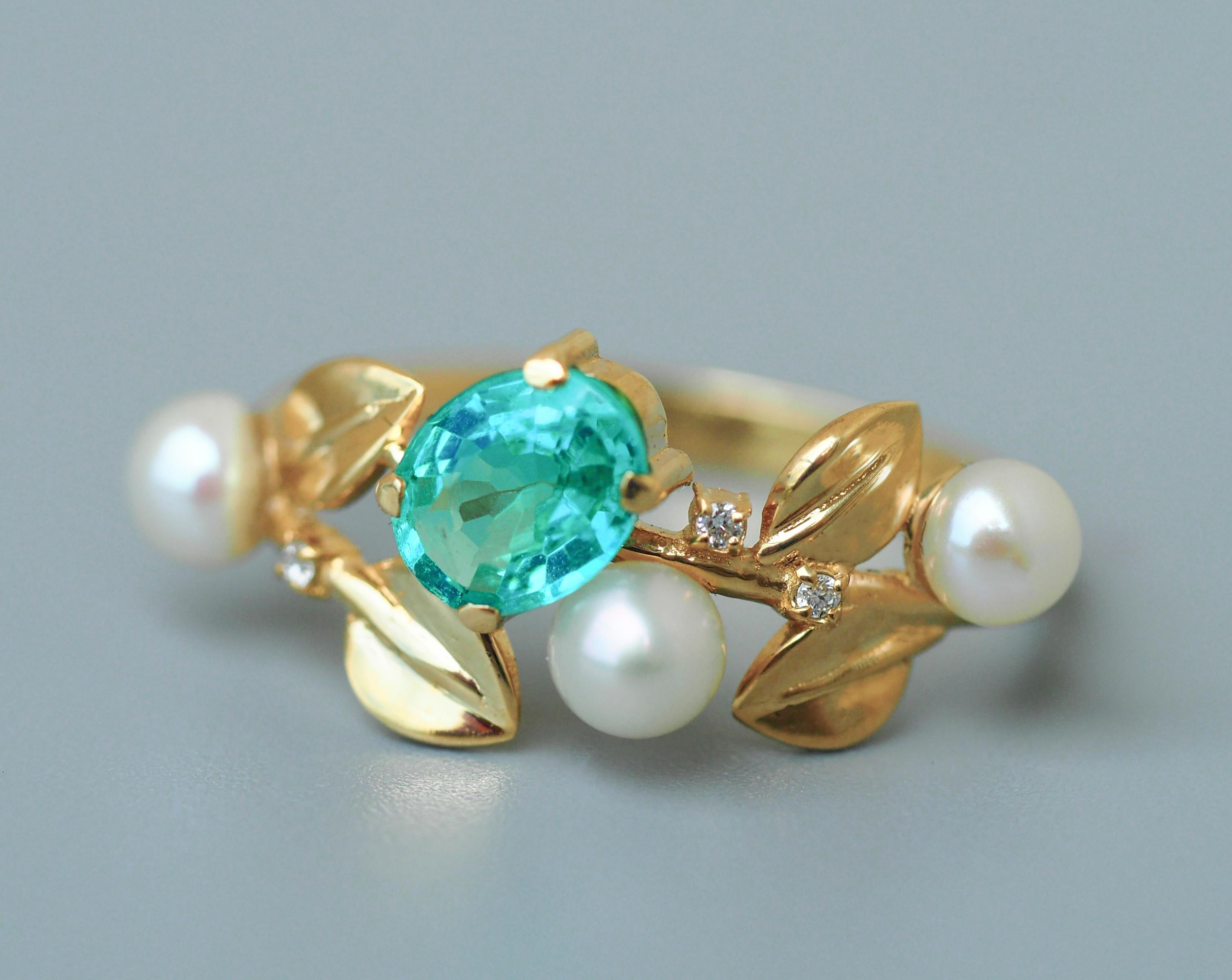 14k gold floral ring with oval neon paraiba apatite, diamonds and pearls.  For Sale 1