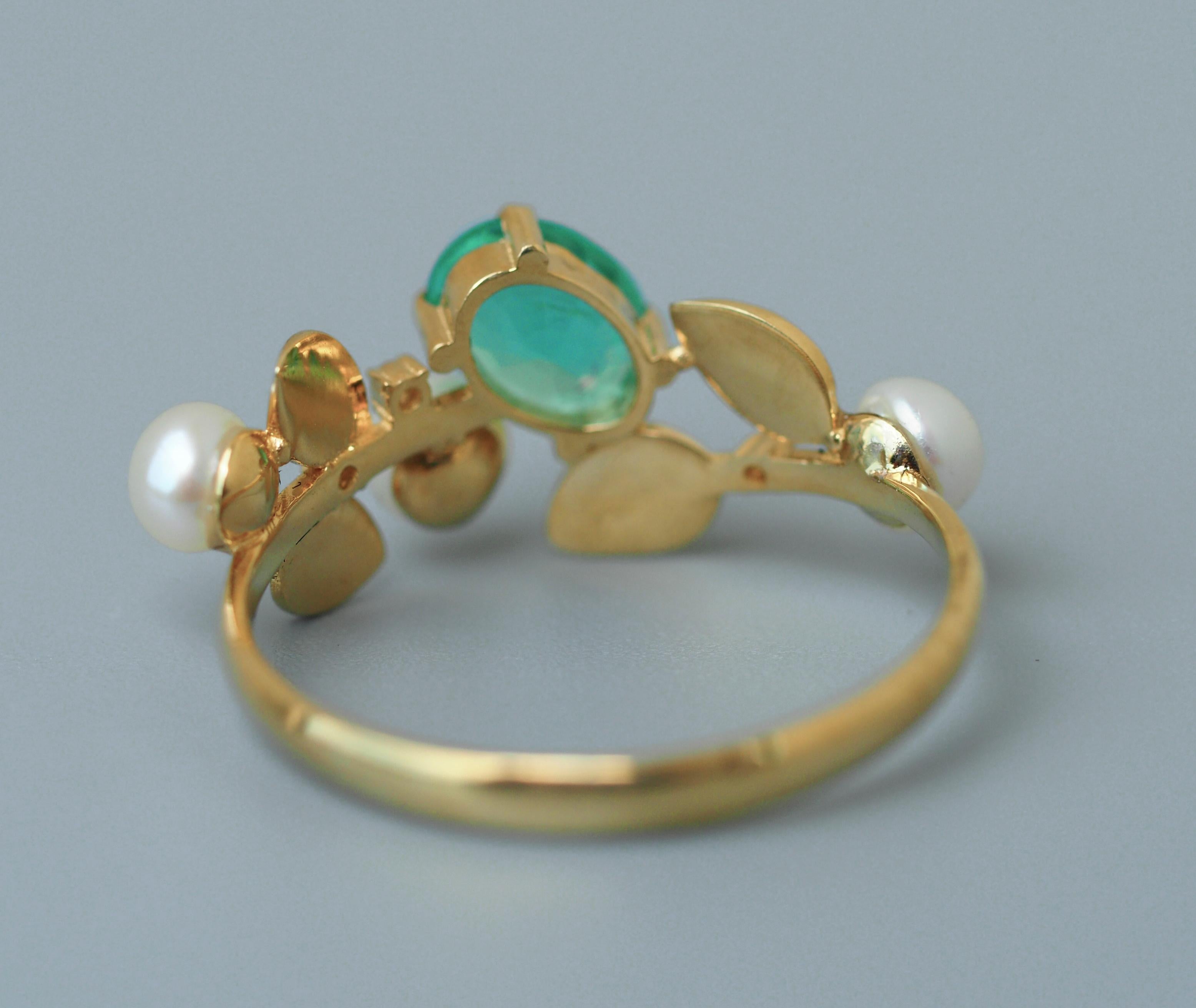 14k gold floral ring with oval neon paraiba apatite, diamonds and pearls.  For Sale 2