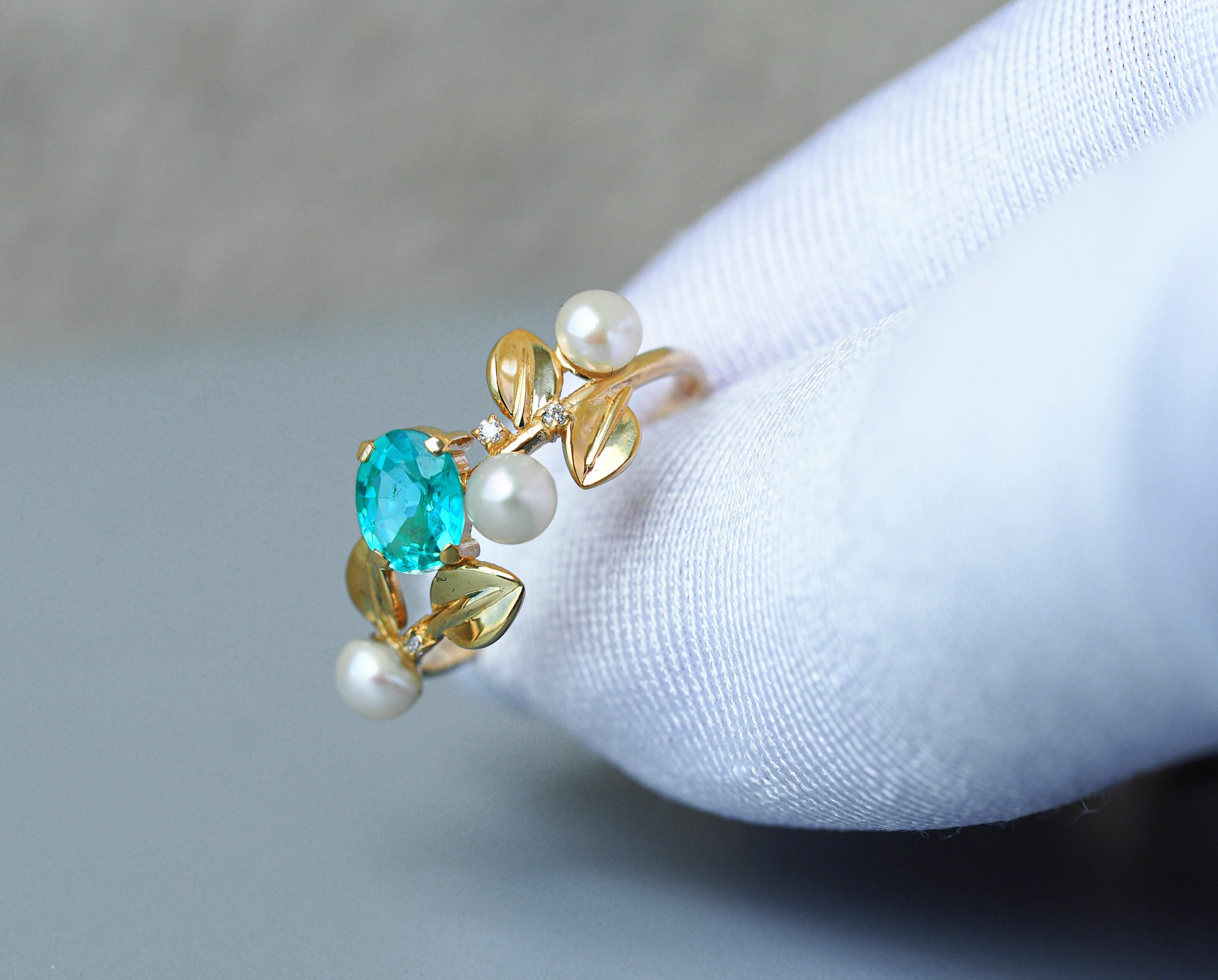 14k gold floral ring with oval neon paraiba apatite, diamonds and pearls.  For Sale 3