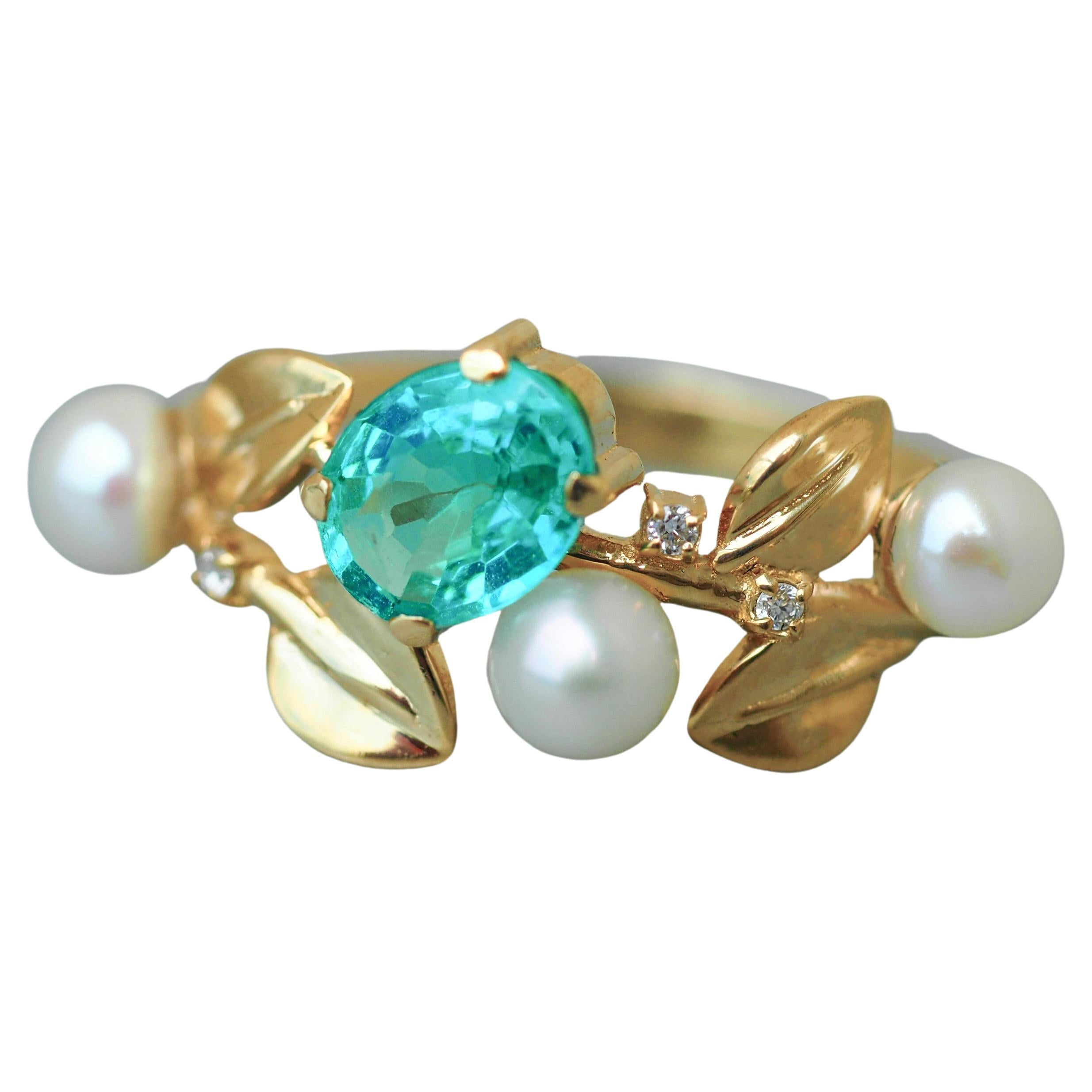 14k gold floral ring with oval neon paraiba apatite, diamonds and pearls.  For Sale