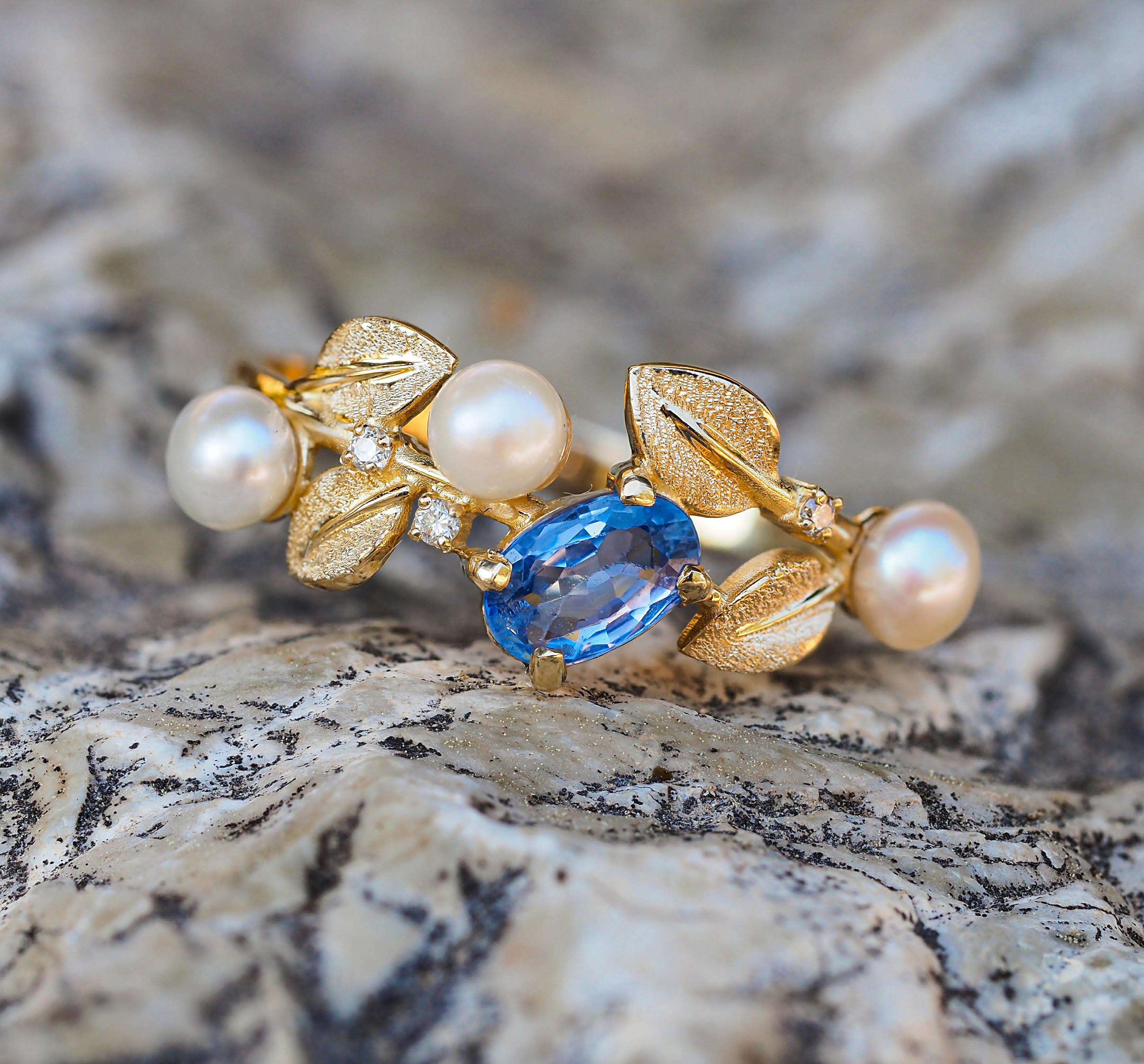 For Sale:  14k Gold Floral Ring with Sapphire, Diamonds and Pearls 9