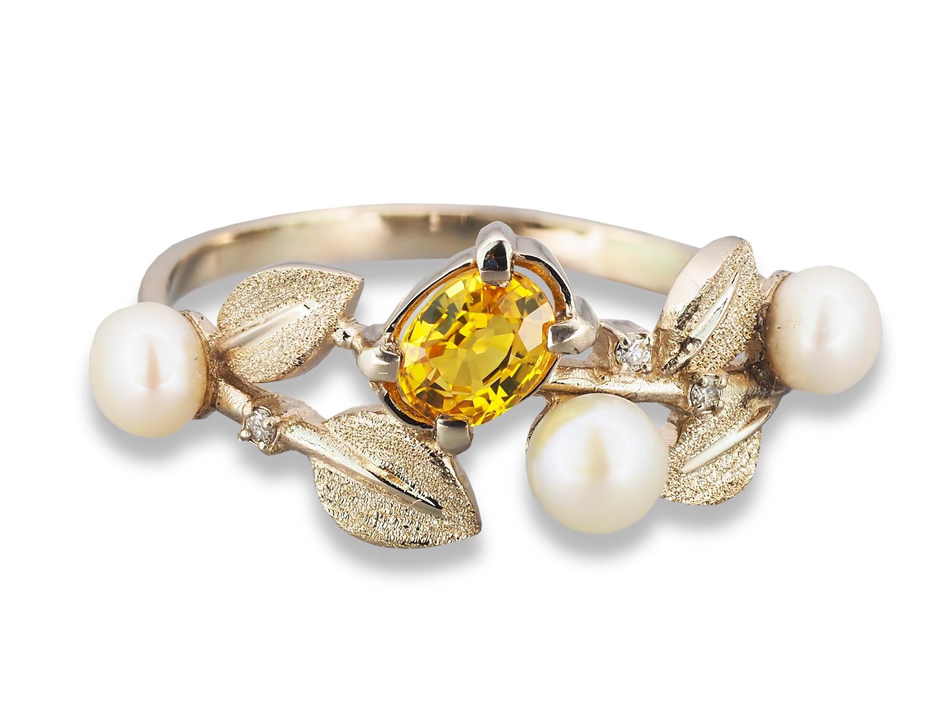 14k Gold Floral Ring with Sapphire, Diamonds and Pearls For Sale 6