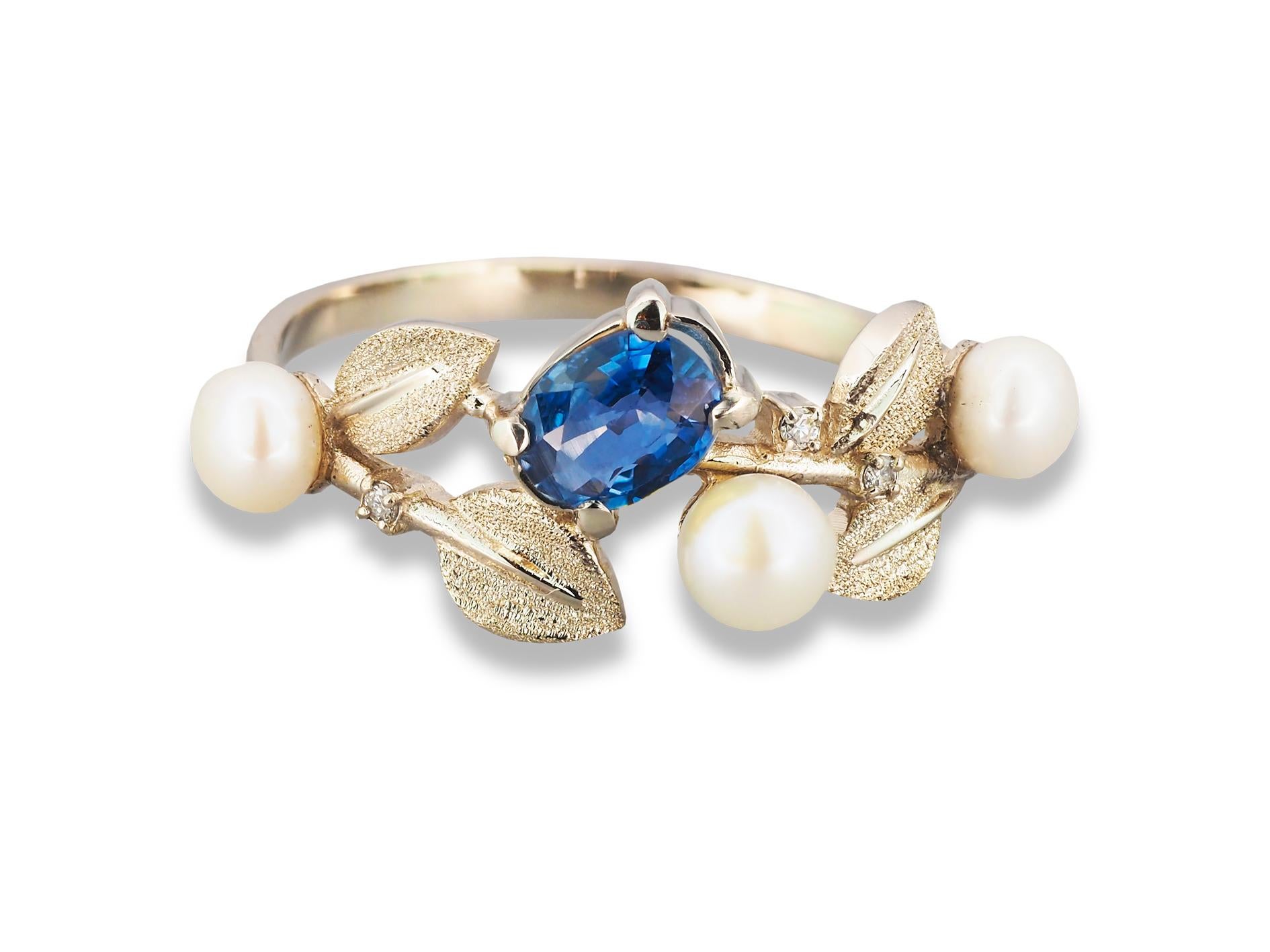 For Sale:  Blue sapphire and pearls 14k solid gold ring 12