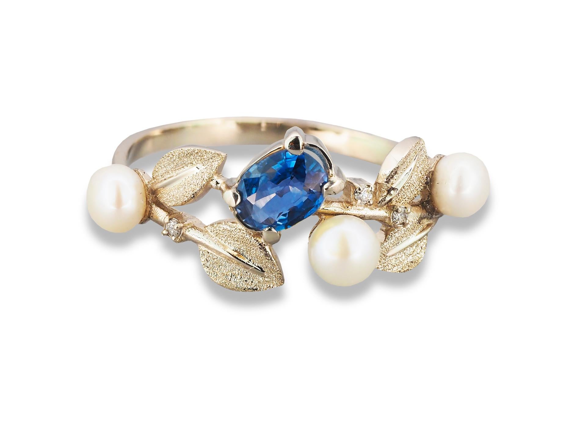 For Sale:  14k Gold Floral Ring with Sapphire, Diamonds and Pearls 12