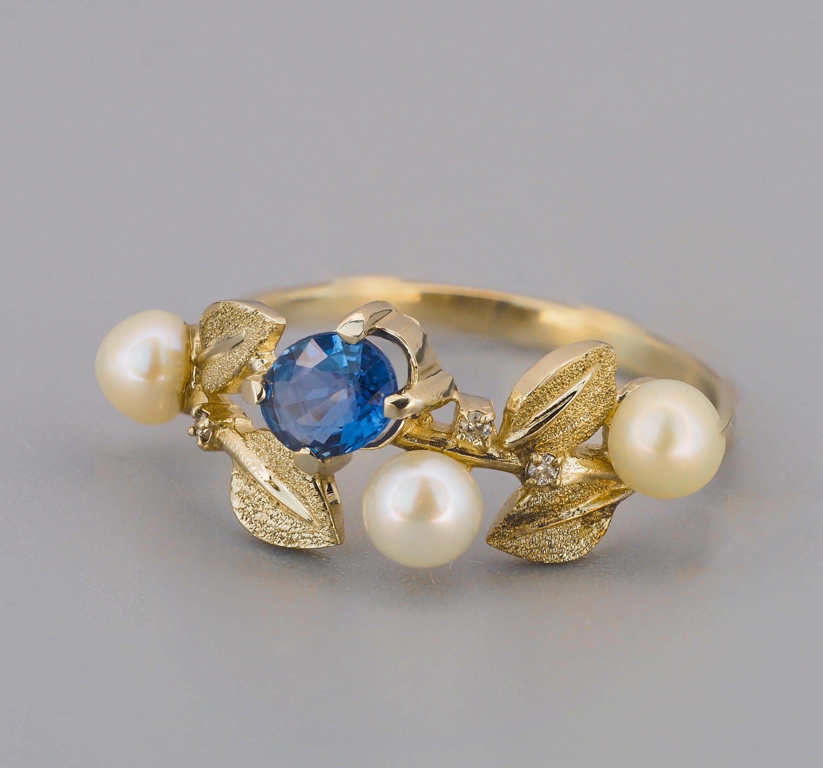 For Sale:  14k Gold Floral Ring with Sapphire, Diamonds and Pearls 2